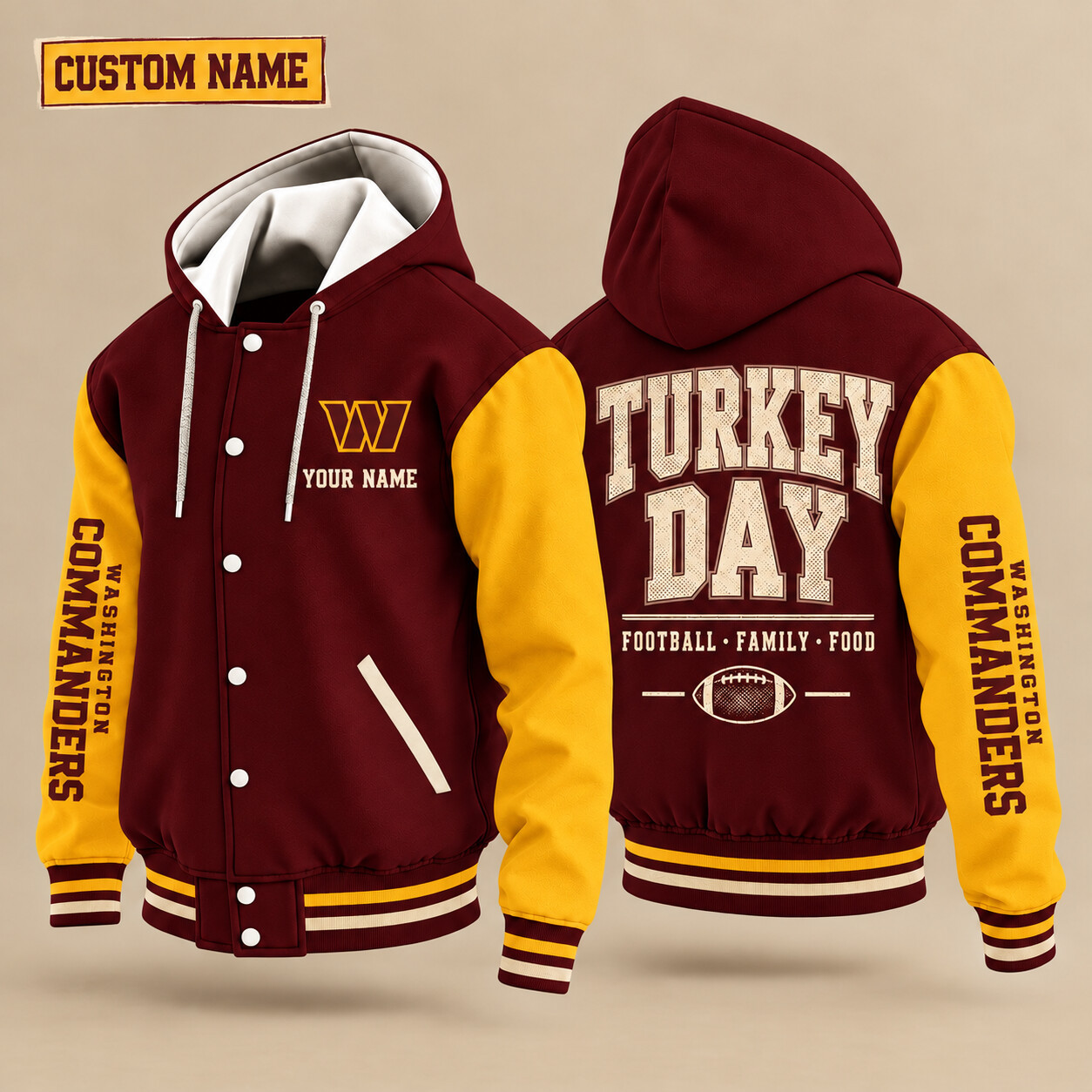 Washington Commanders Turkey Day Thanksgiving Hooded Letterman Jacket Custom Name PXZMCJ