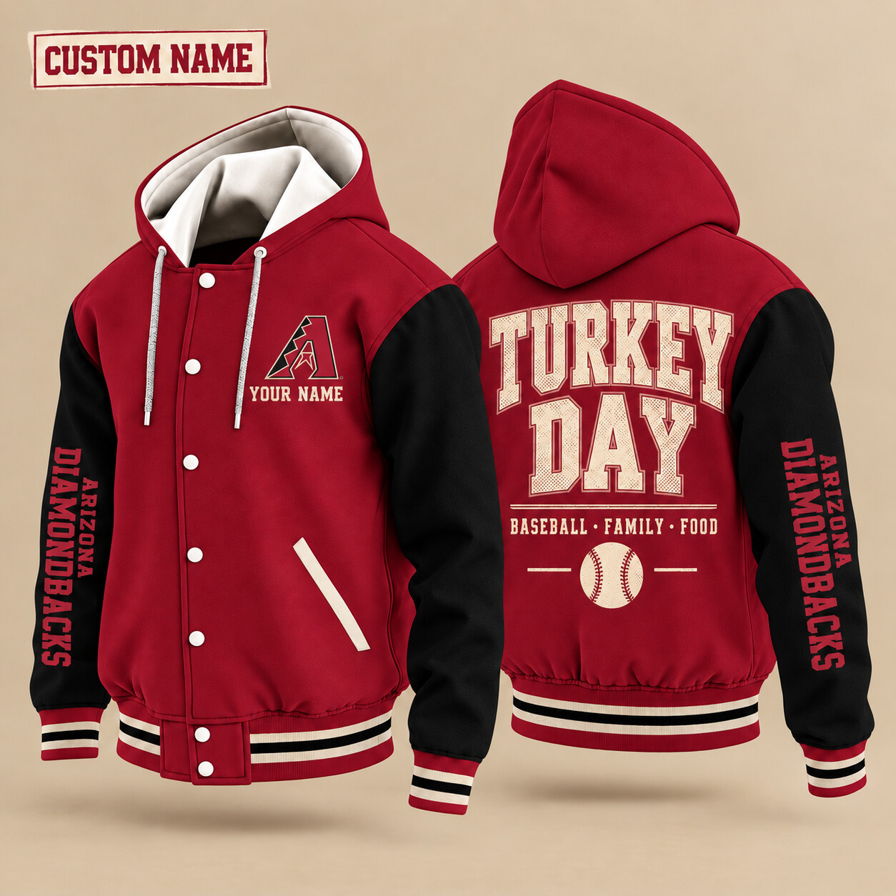 Arizona Diamondbacks Turkey Day Thanksgiving Hooded Letterman Jacket Custom Name PTY8DG