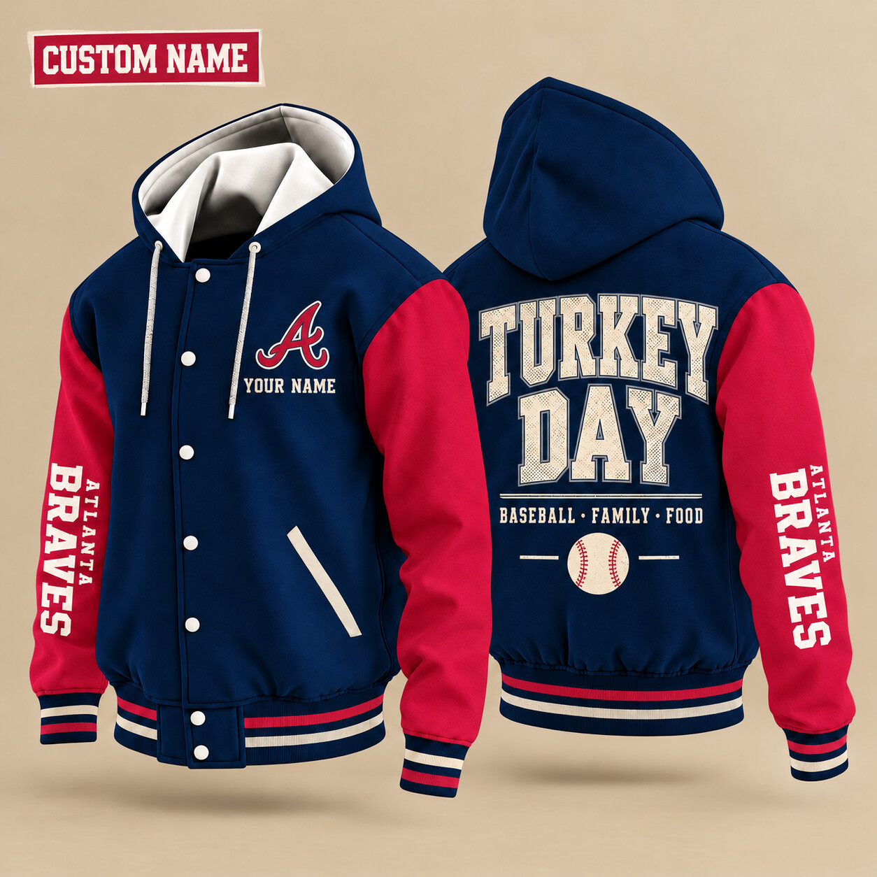 Atlanta Braves Turkey Day Thanksgiving Hooded Letterman Jacket Custom Name P0Z31C