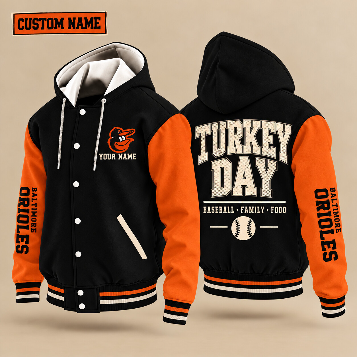 Baltimore Orioles Turkey Day Thanksgiving Hooded Letterman Jacket Custom Name PV2U95