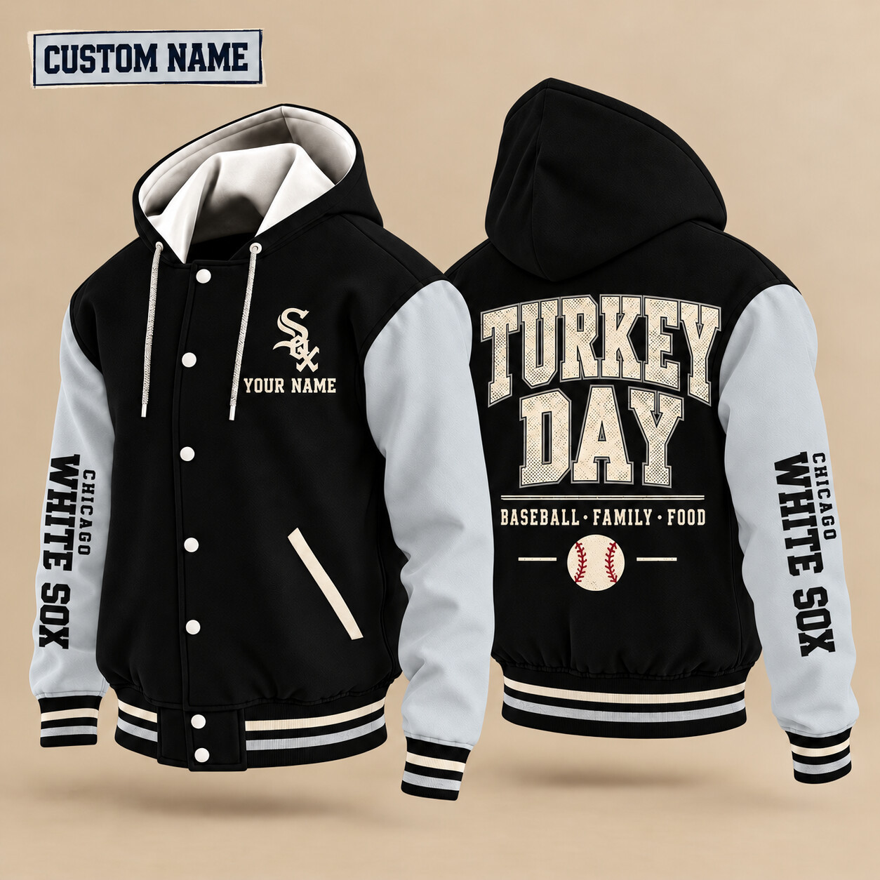Chicago White Sox Turkey Day Thanksgiving Hooded Letterman Jacket Custom Name PPGWJ3