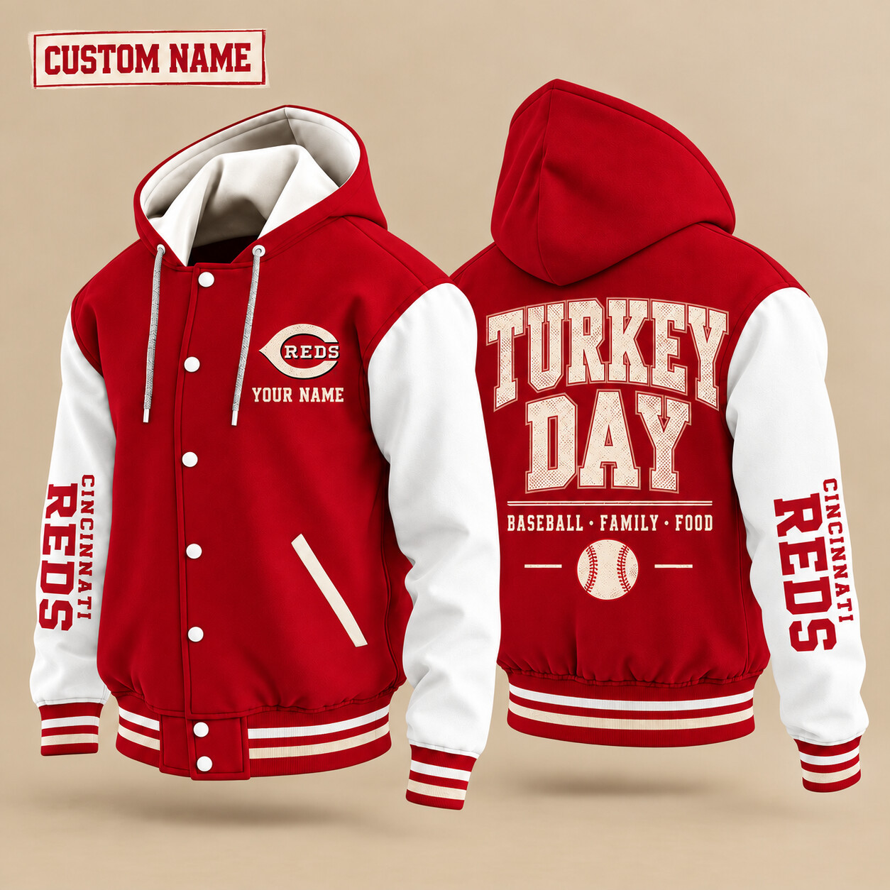 Cincinnati Reds Turkey Day Thanksgiving Hooded Letterman Jacket Custom Name PZRLUV