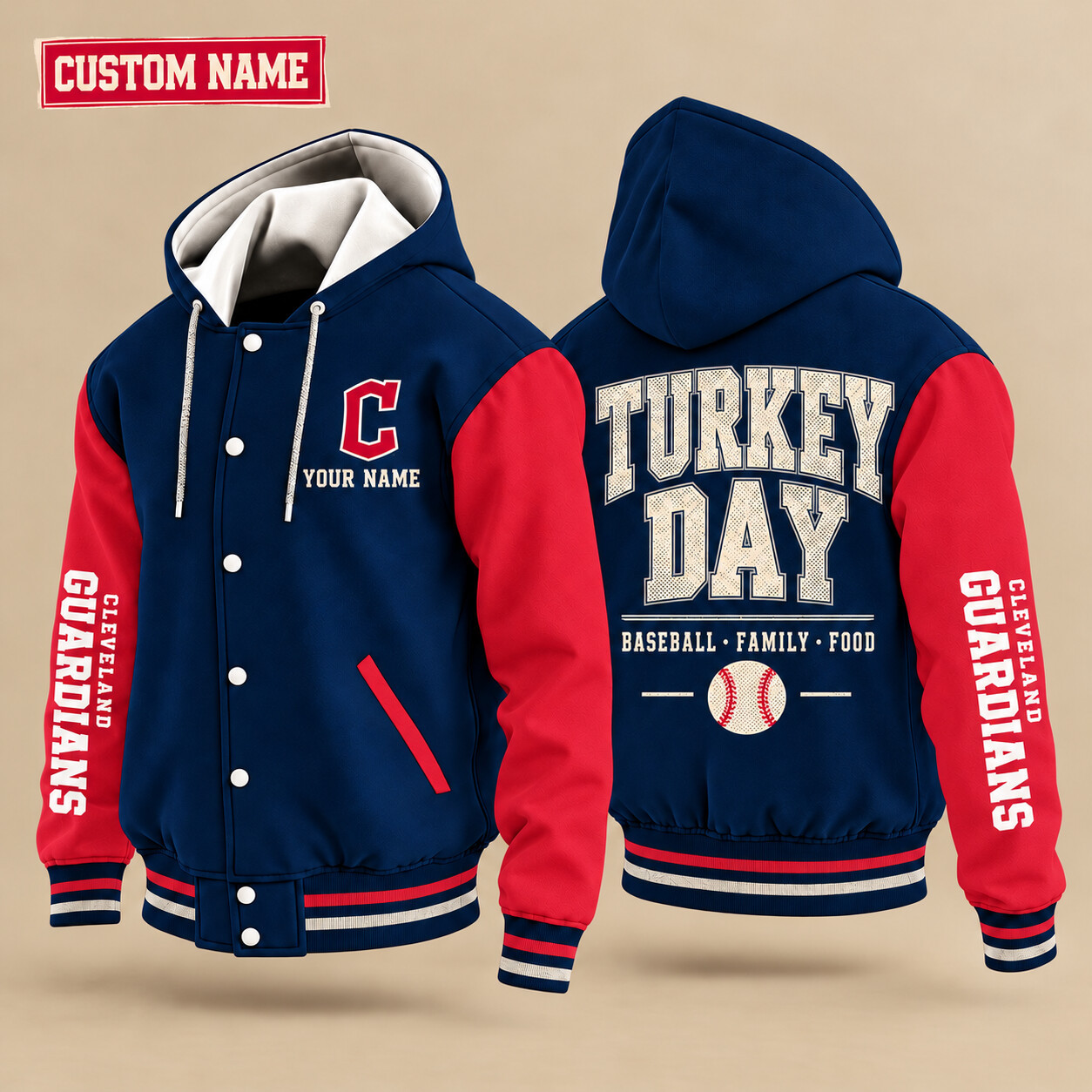 Cleveland Guardians Turkey Day Thanksgiving Hooded Letterman Jacket Custom Name P9VKEI