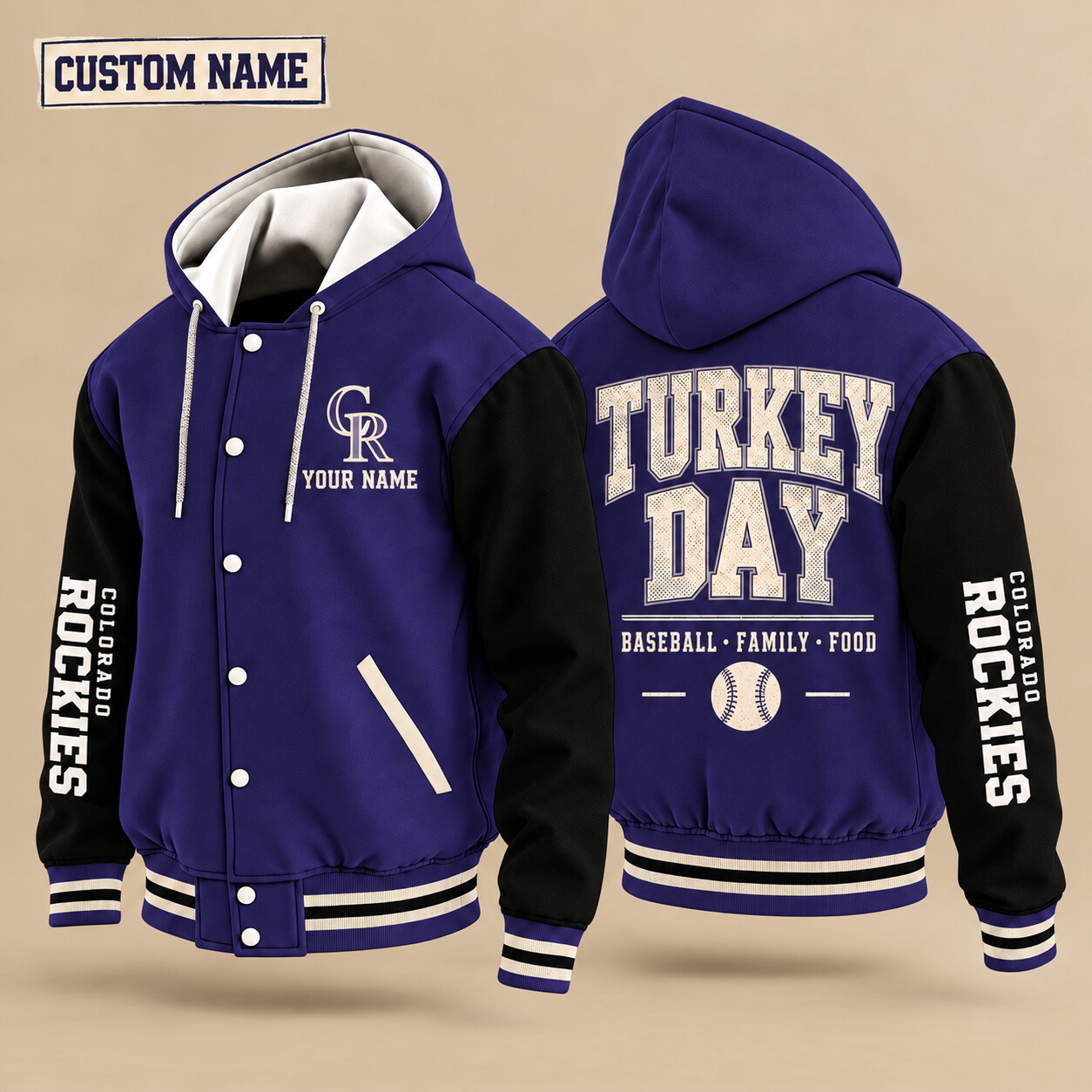 Colorado Rockies Turkey Day Thanksgiving Hooded Letterman Jacket Custom Name PLUSMR