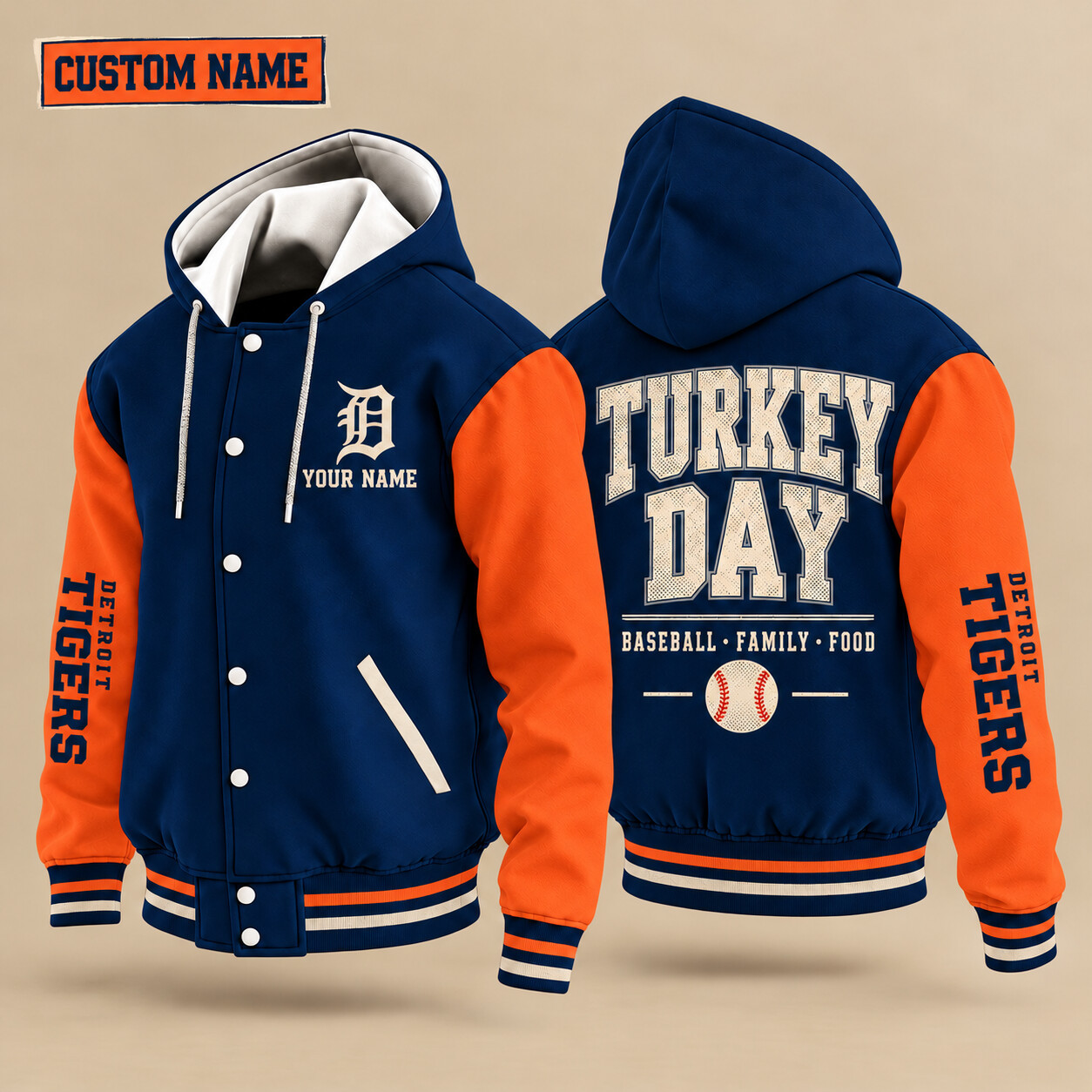 Detroit Tigers Turkey Day Thanksgiving Hooded Letterman Jacket Custom Name PFPGS5