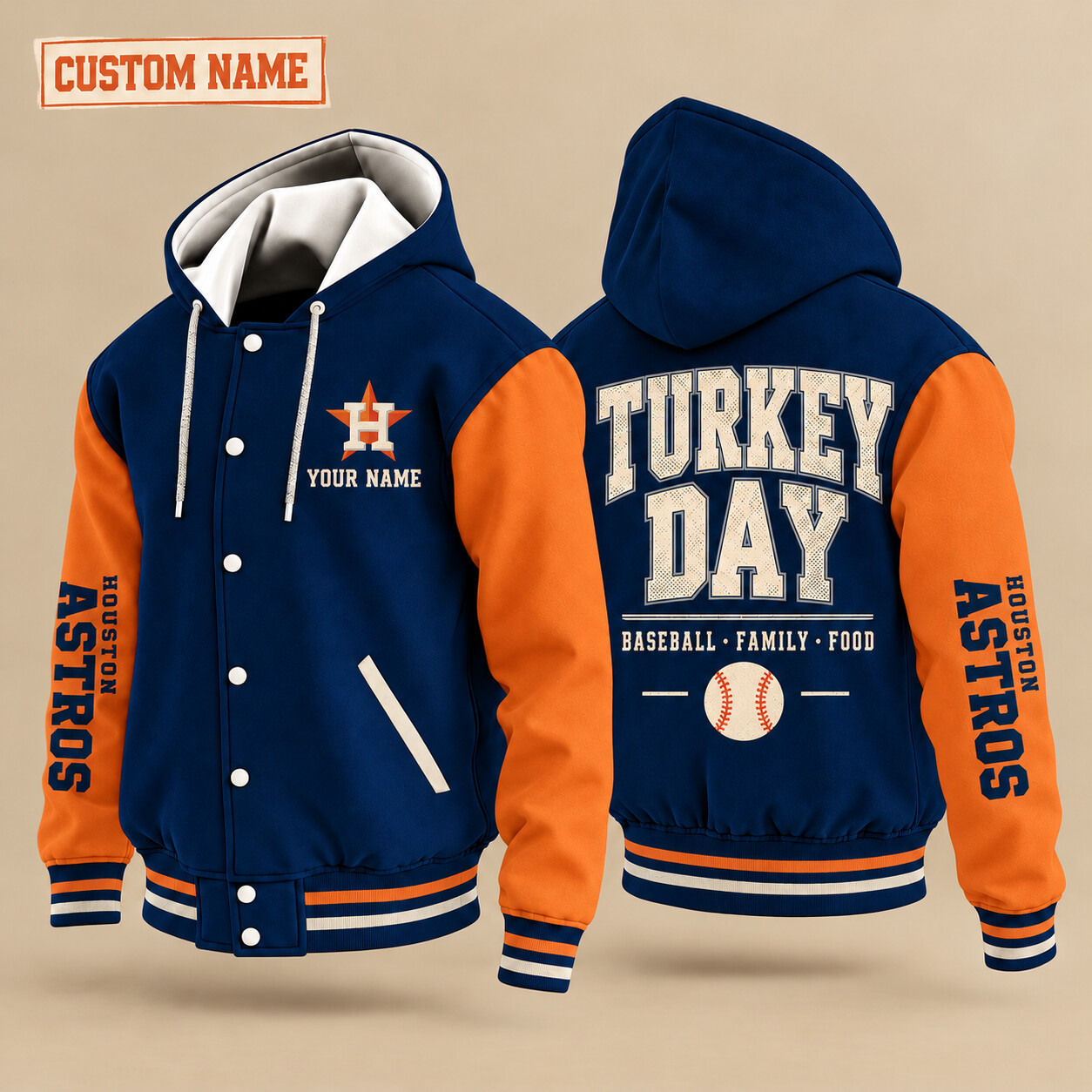 Houston Astros Turkey Day Thanksgiving Hooded Letterman Jacket Custom Name PP6IDT