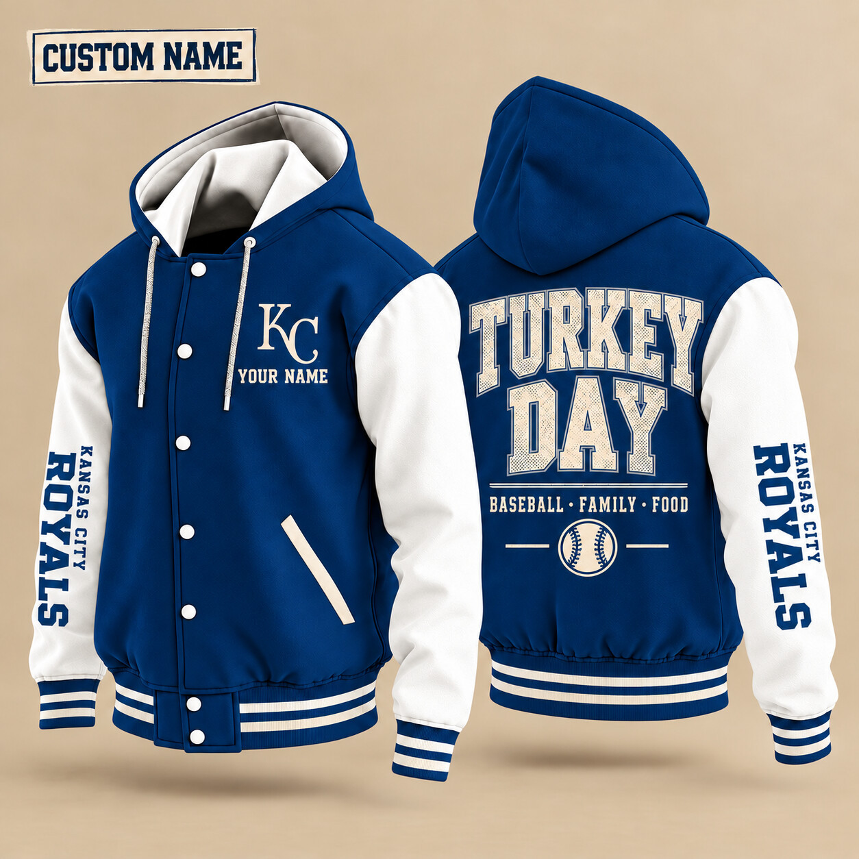 Kansas City Royals Turkey Day Thanksgiving Hooded Letterman Jacket Custom Name PN725A