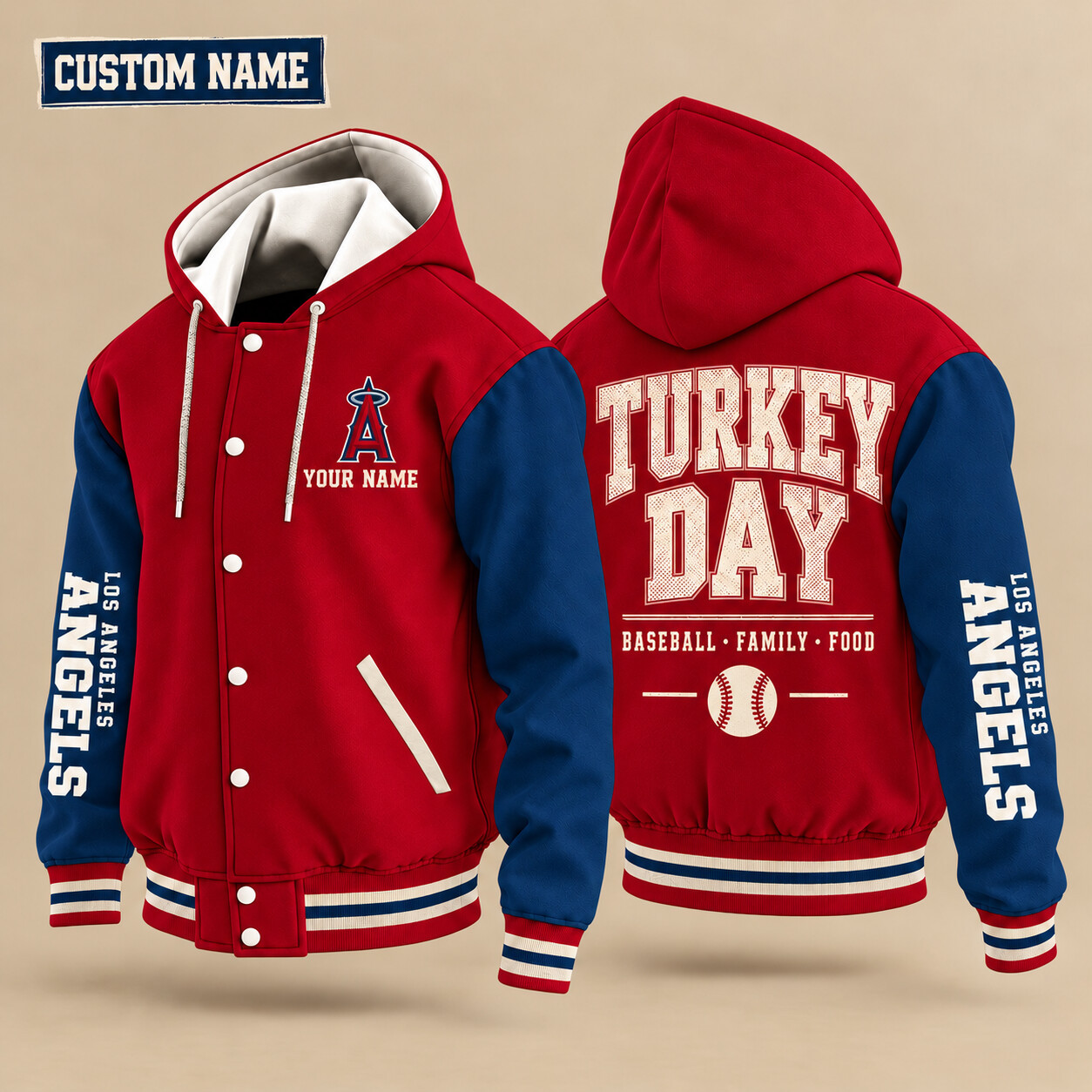 Los Angeles Angels Turkey Day Thanksgiving Hooded Letterman Jacket Custom Name PJEAD6