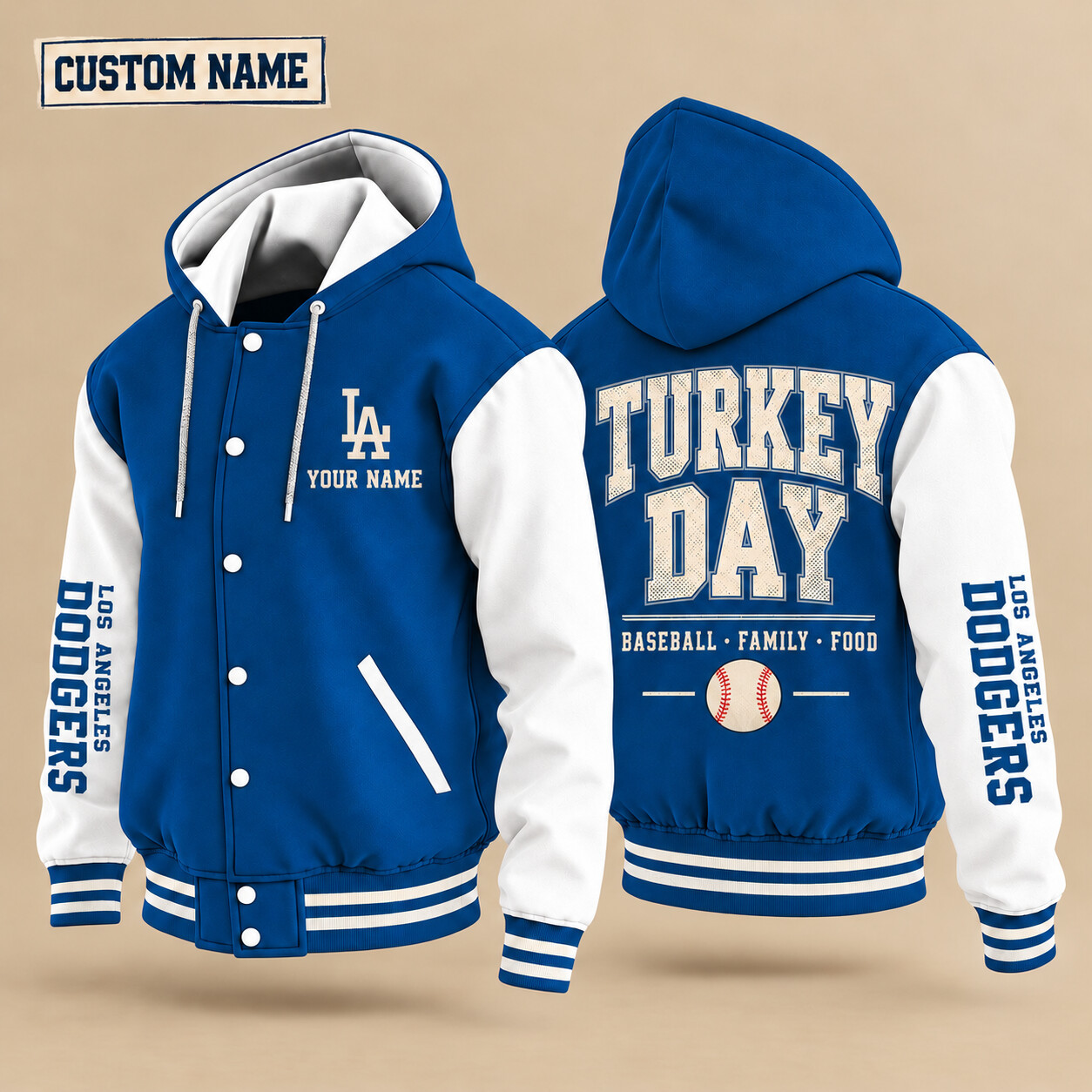 Los Angeles Dodgers Turkey Day Thanksgiving Hooded Letterman Jacket Custom Name PF55X4
