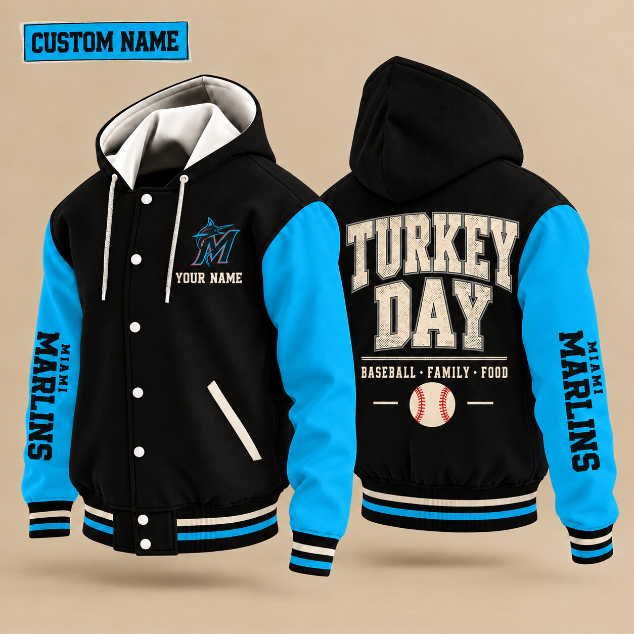 Miami Marlins Turkey Day Thanksgiving Hooded Letterman Jacket Custom Name P4RCDB