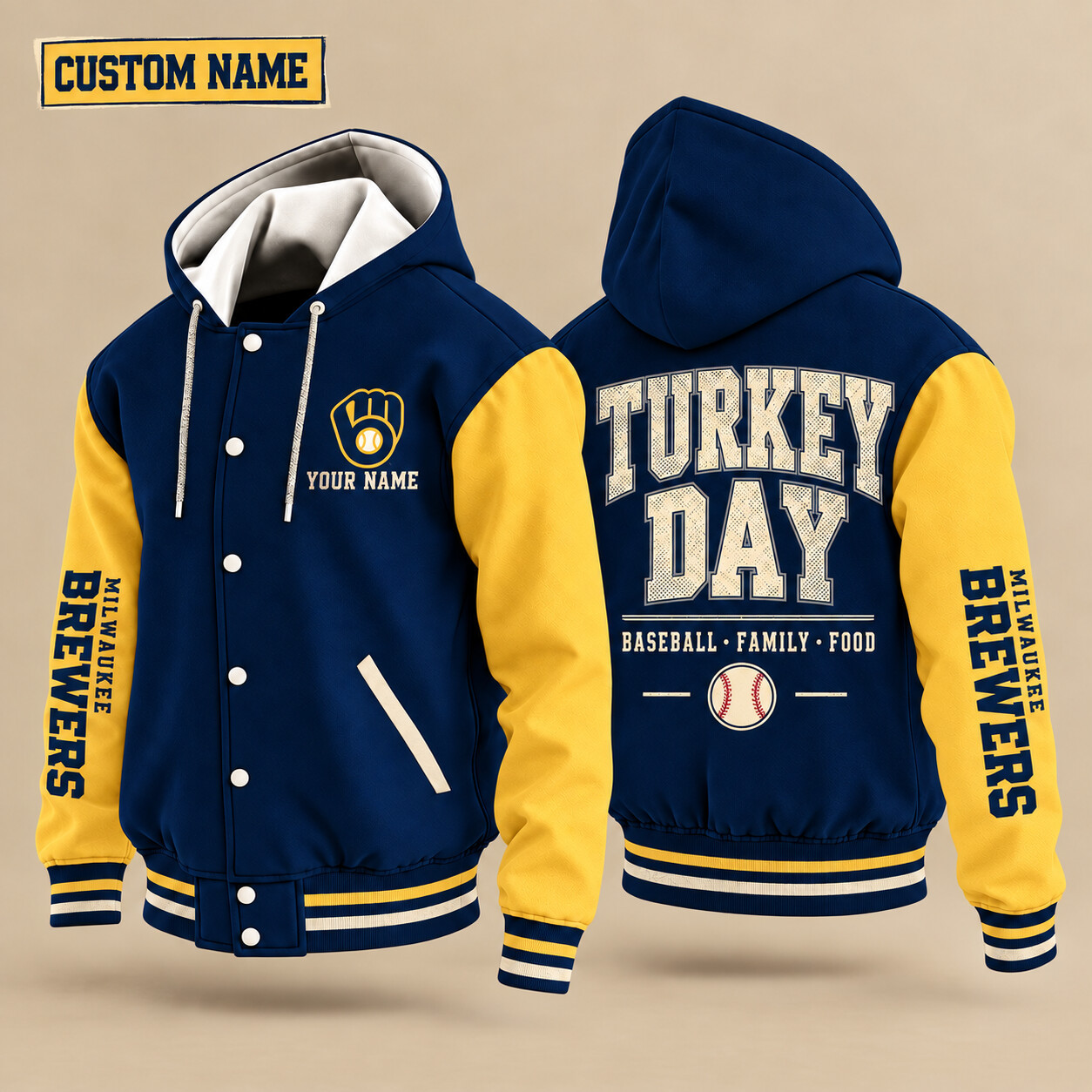 Milwaukee Brewers Turkey Day Thanksgiving Hooded Letterman Jacket Custom Name P1LPL4