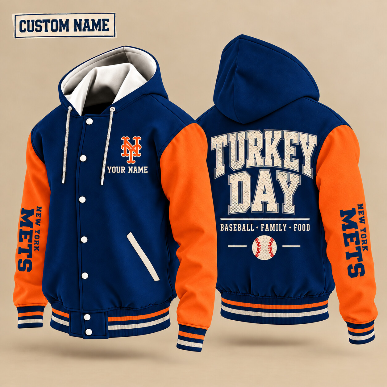 New York Mets Turkey Day Thanksgiving Hooded Letterman Jacket Custom Name PRQSJD