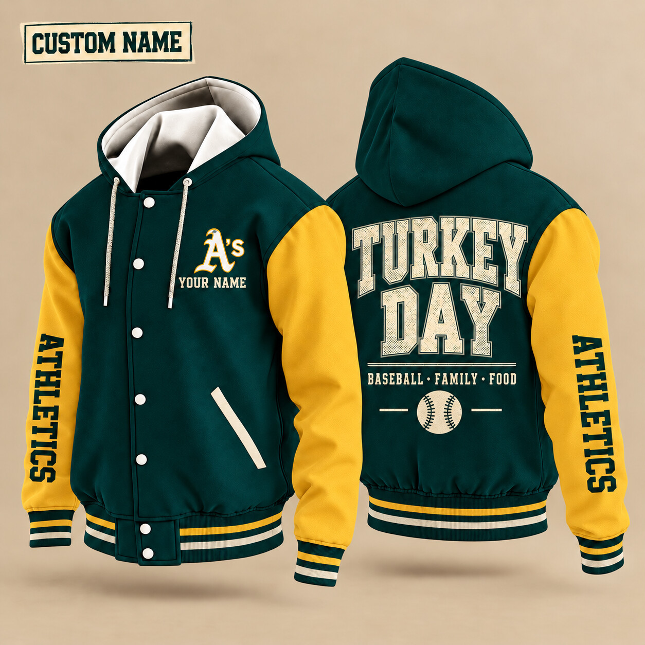 Athletics Turkey Day Thanksgiving Hooded Letterman Jacket Custom Name PGQ7KJ