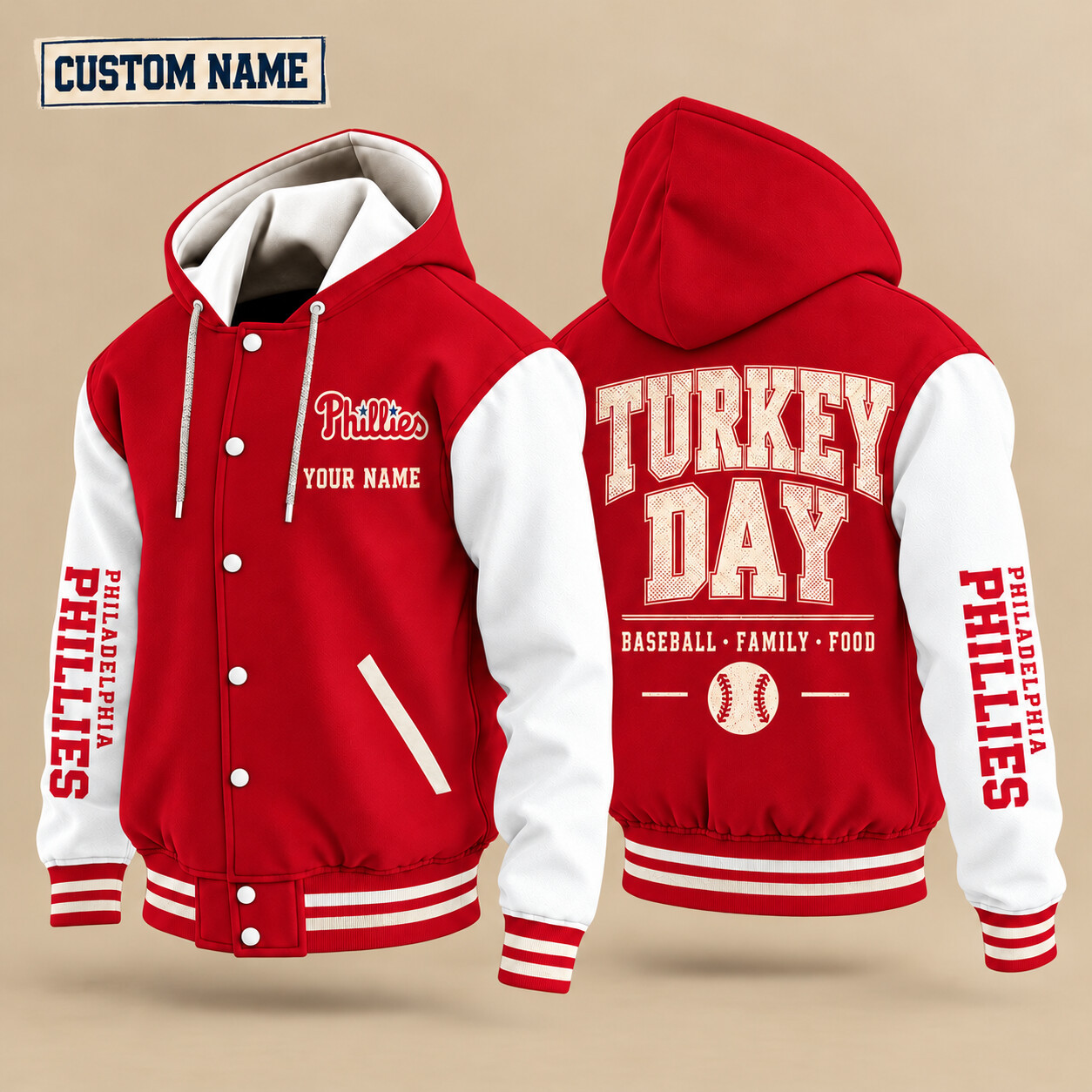 Philadelphia Phillies Turkey Day Thanksgiving Hooded Letterman Jacket Custom Name PR5EOT