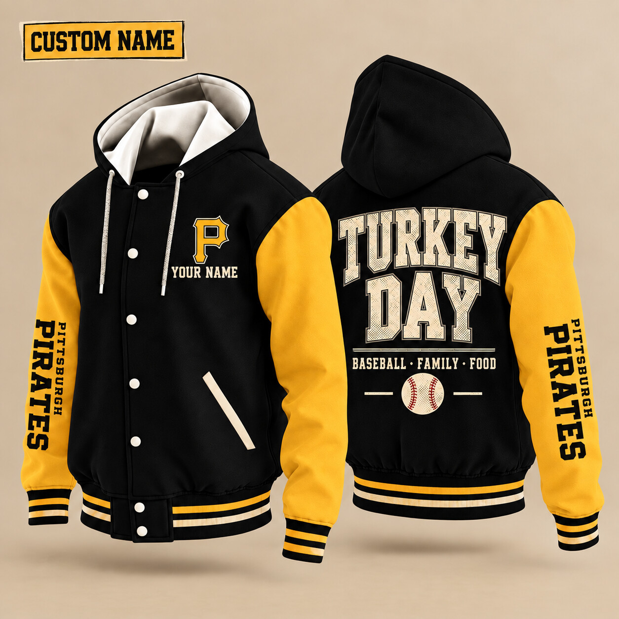 Pittsburgh Pirates Turkey Day Thanksgiving Hooded Letterman Jacket Custom Name PCETMS