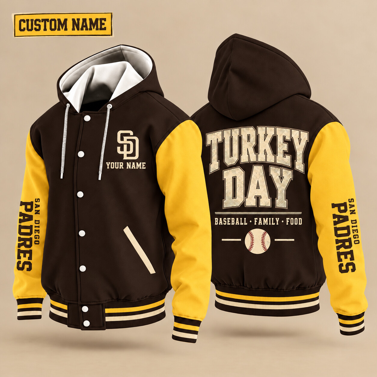 San Diego Padres Turkey Day Thanksgiving Hooded Letterman Jacket Custom Name PJF96A