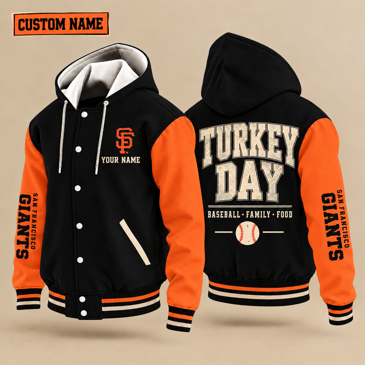 San Francisco Giants Turkey Day Thanksgiving Hooded Letterman Jacket Custom Name P9A8DR