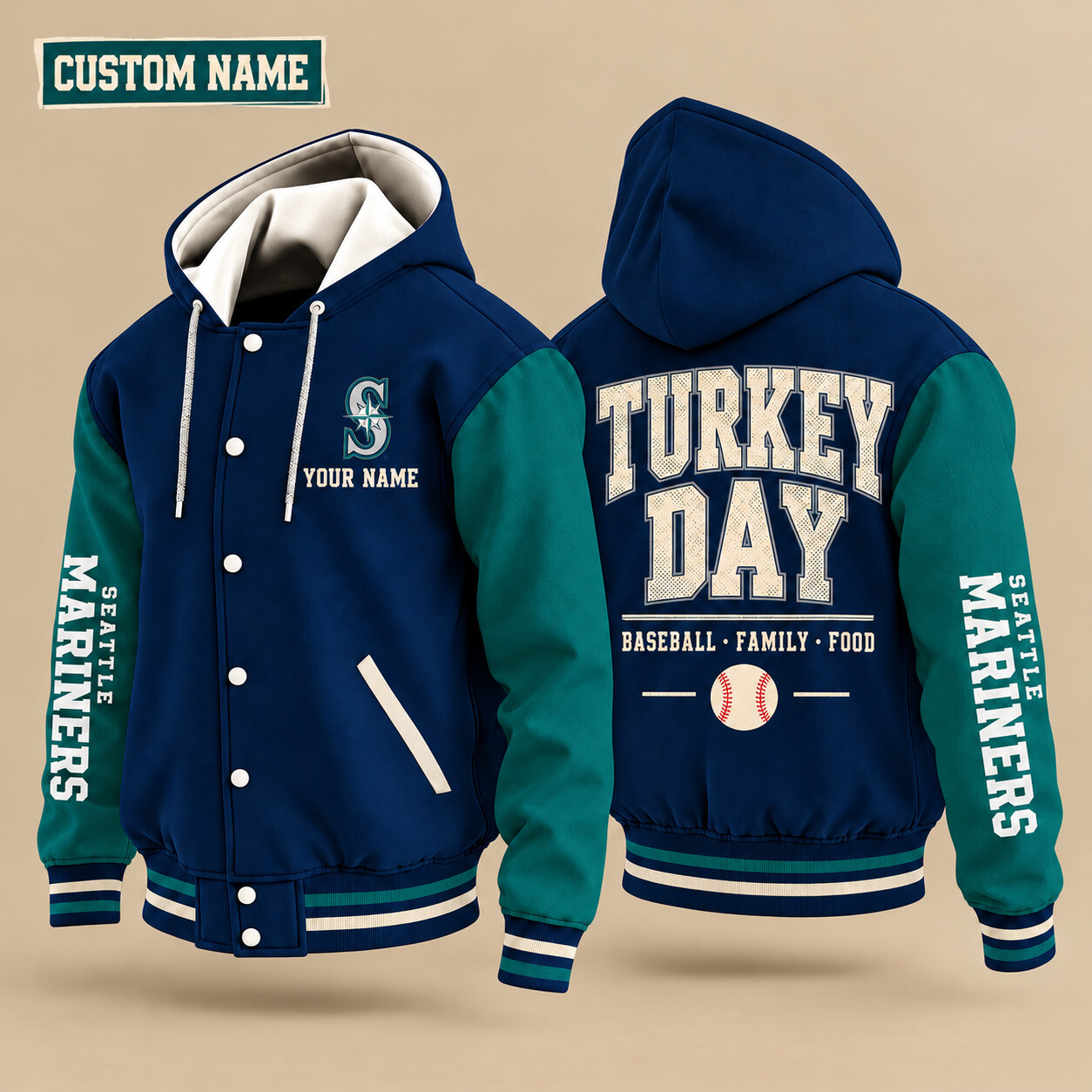 Seattle Mariners Turkey Day Thanksgiving Hooded Letterman Jacket Custom Name P4VPNZ