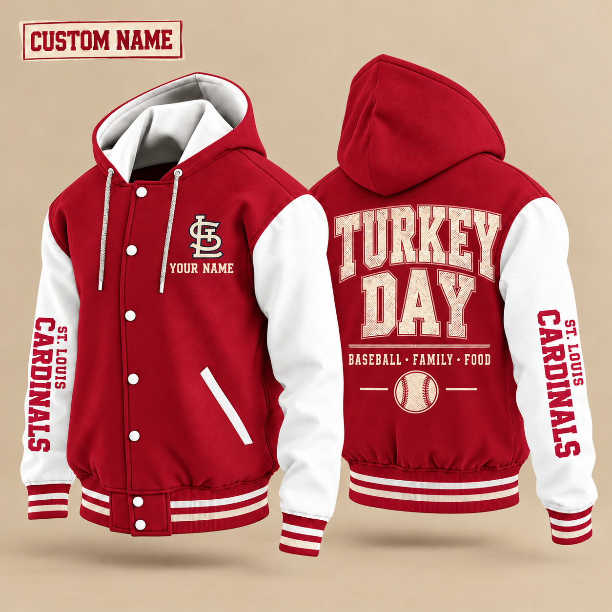 St. Louis Cardinals Turkey Day Thanksgiving Hooded Letterman Jacket Custom Name PLXGH9