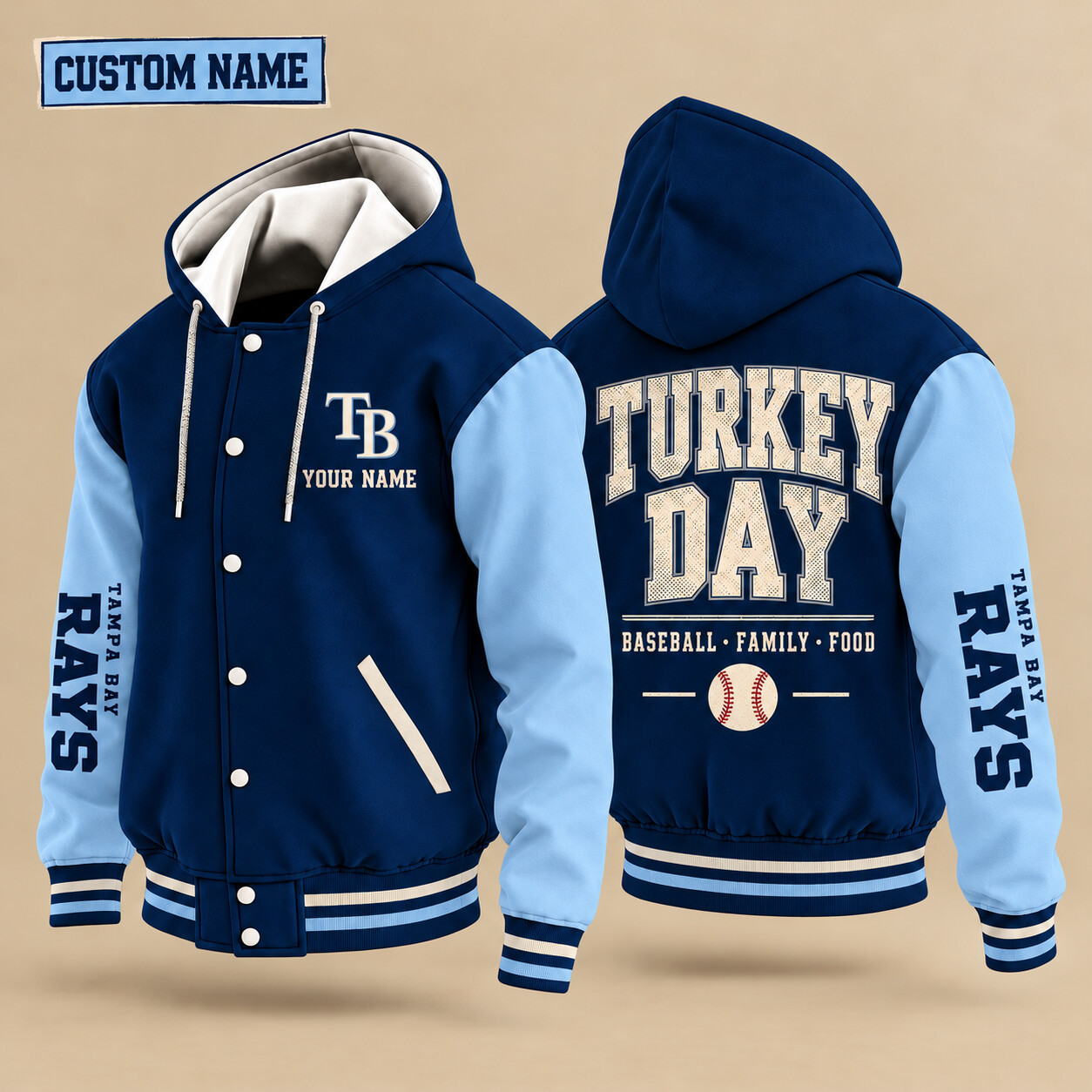Tampa Bay Rays Turkey Day Thanksgiving Hooded Letterman Jacket Custom Name PWV0QV