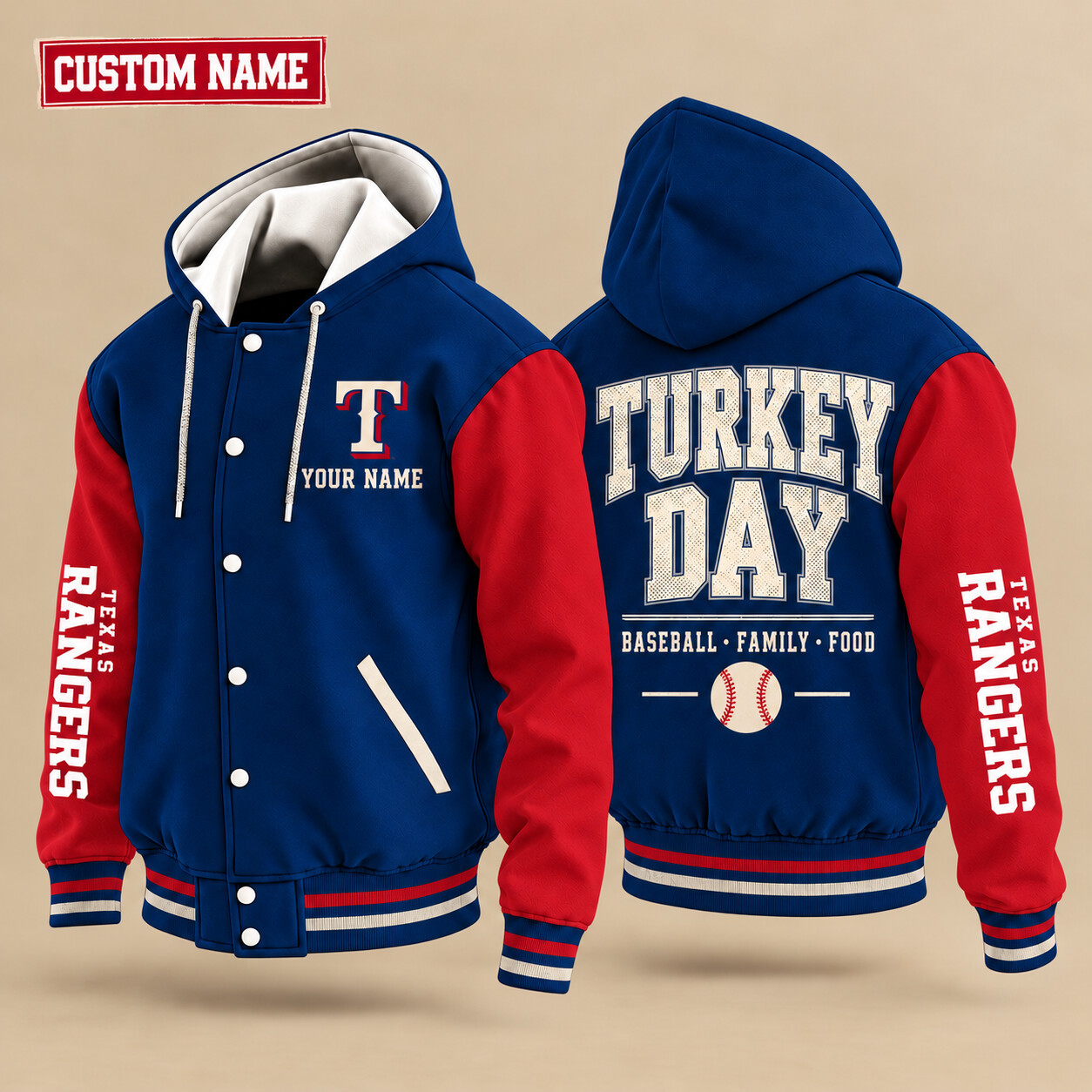 Texas Rangers Turkey Day Thanksgiving Hooded Letterman Jacket Custom Name PKJD0M