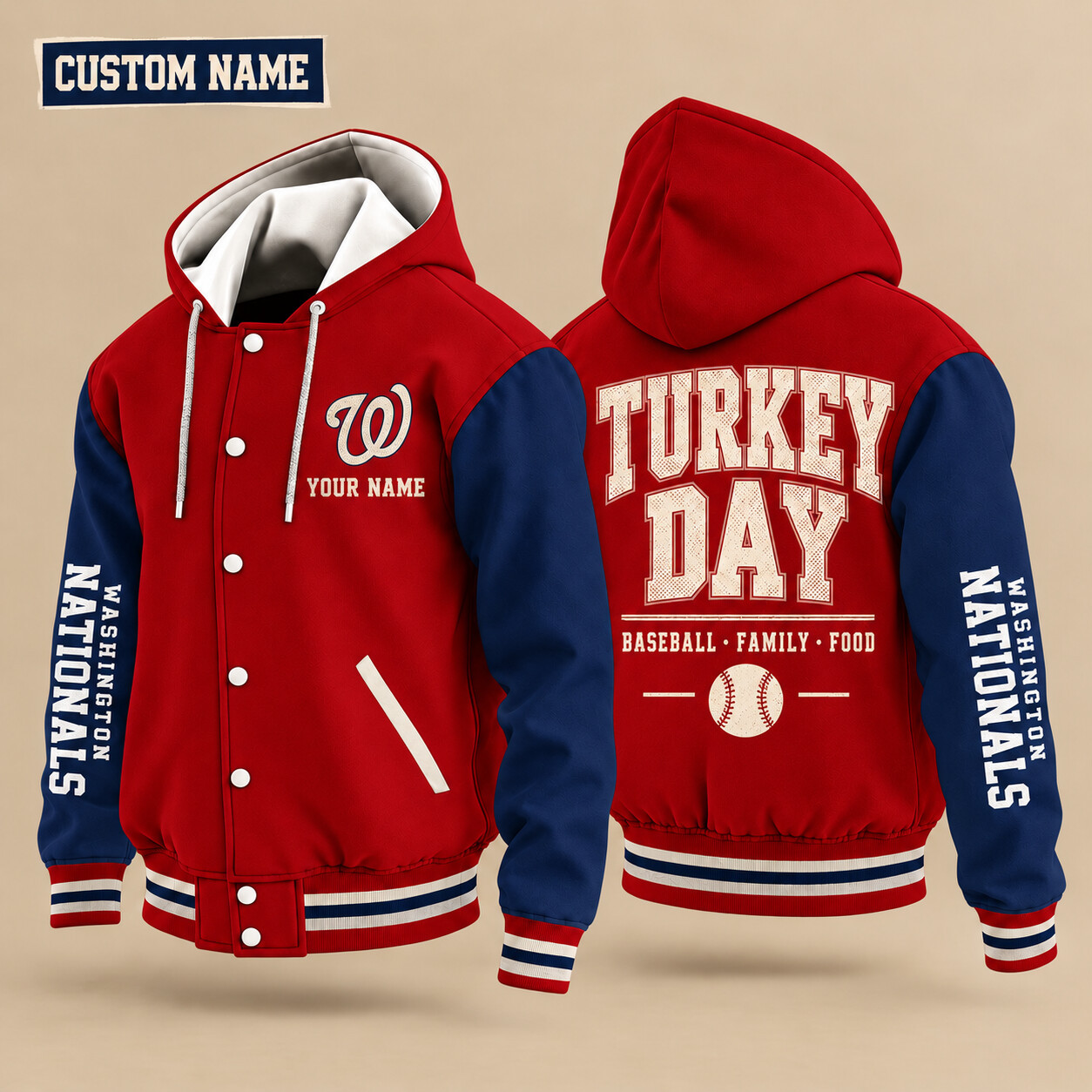 Washington Nationals Turkey Day Thanksgiving Hooded Letterman Jacket Custom Name PVCHL6