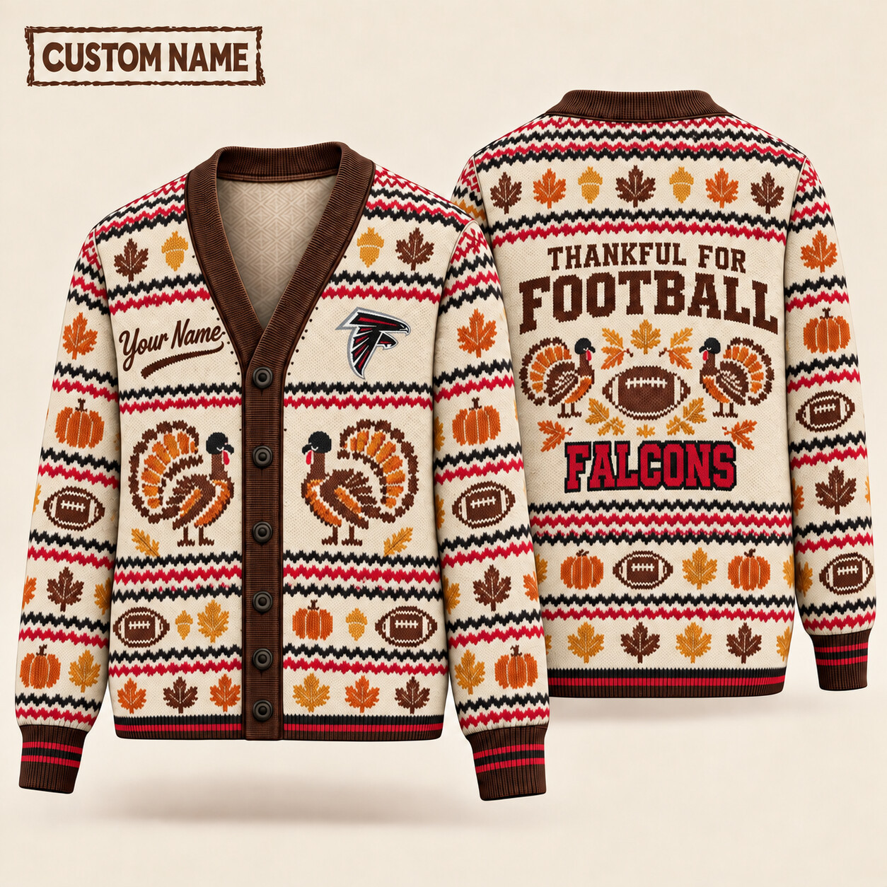 Atlanta Falcons Thankful For Football Thanksgiving Knit Cardigan Custom Name PJDB4G