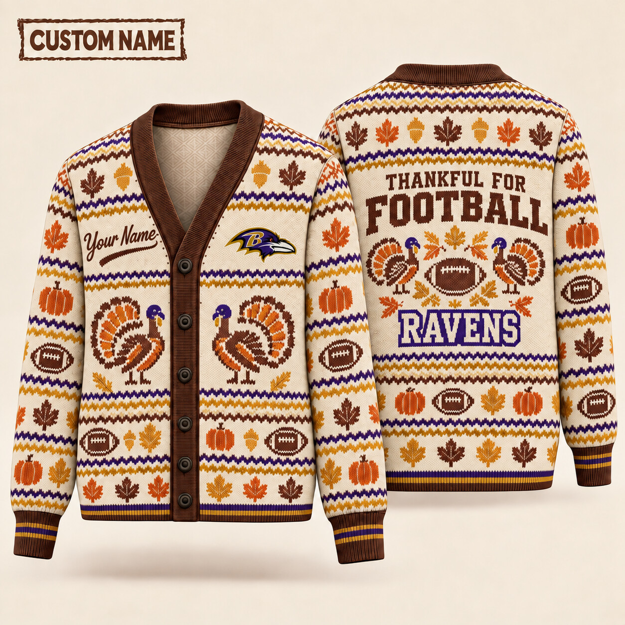 Baltimore Ravens Thankful For Football Thanksgiving Knit Cardigan Custom Name P3L1S8