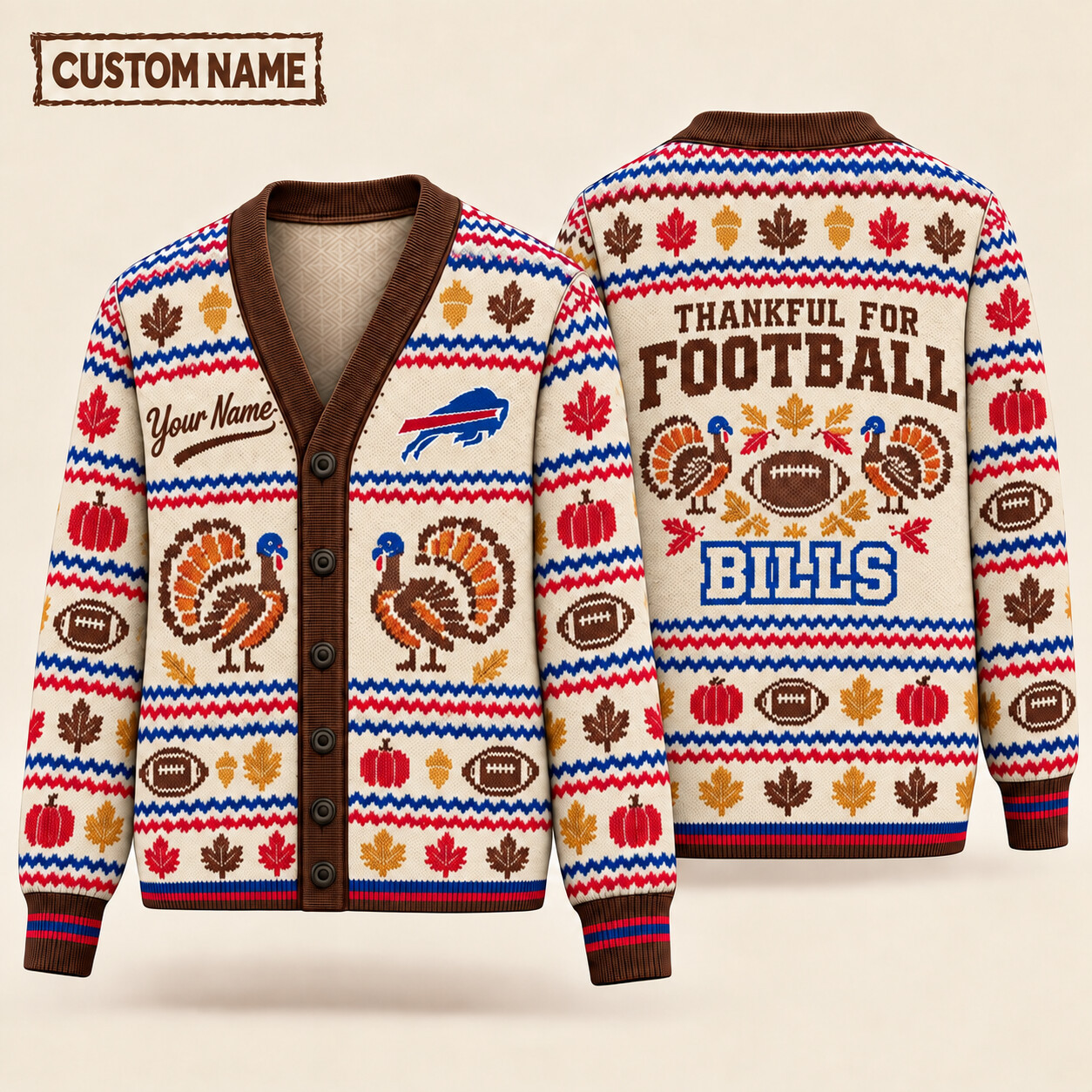 Buffalo Bills Thankful For Football Thanksgiving Knit Cardigan Custom Name P4JYGN