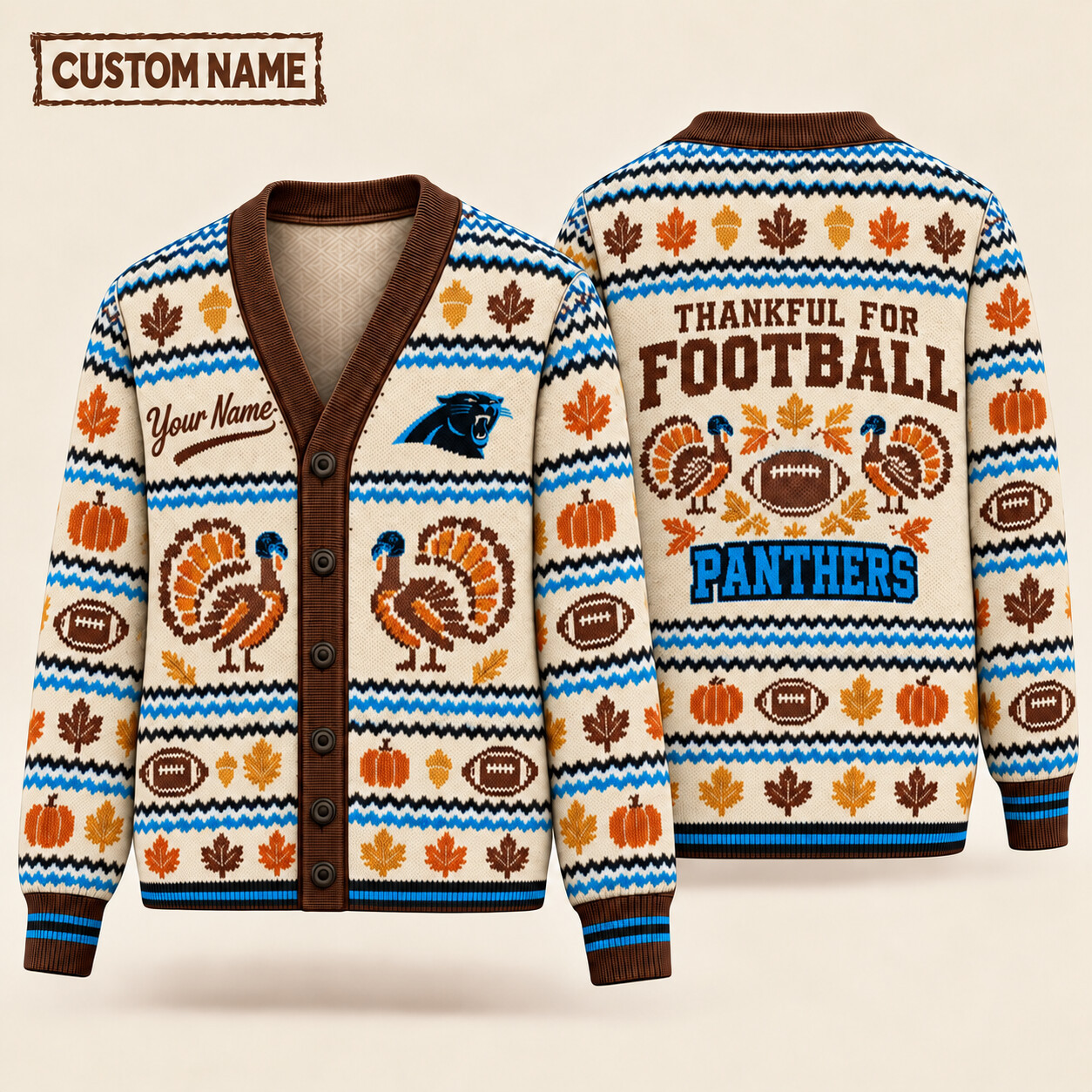 Carolina Panthers Thankful For Football Thanksgiving Knit Cardigan Custom Name P9X7ZG