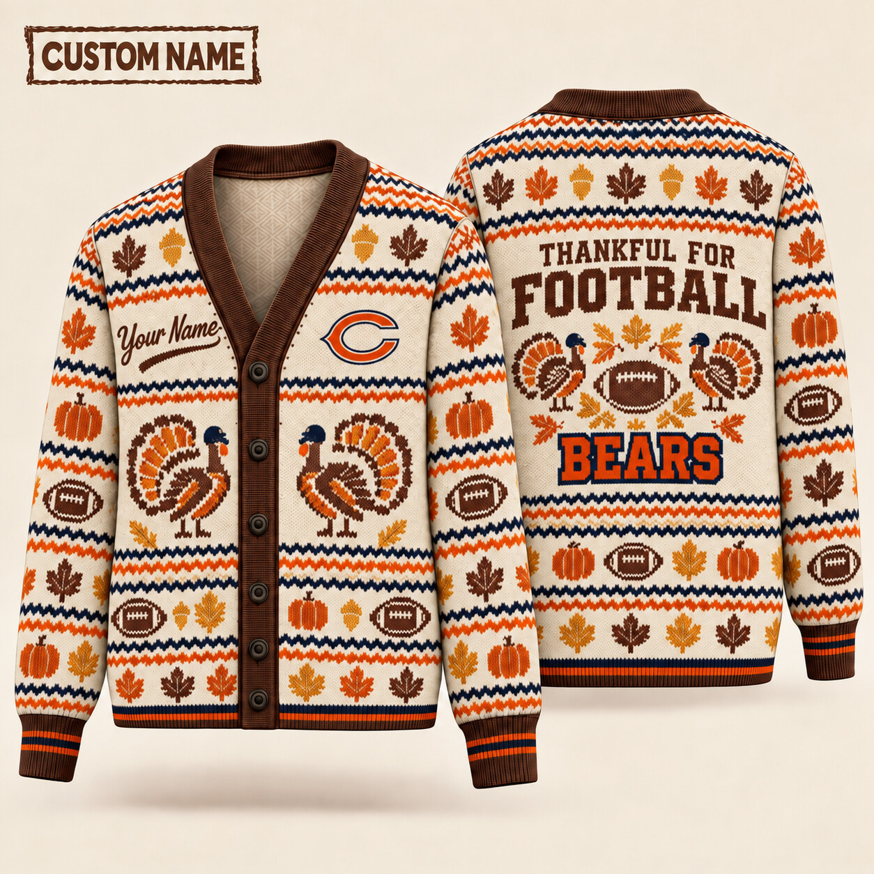 Chicago Bears Thankful For Football Thanksgiving Knit Cardigan Custom Name POUOZ7