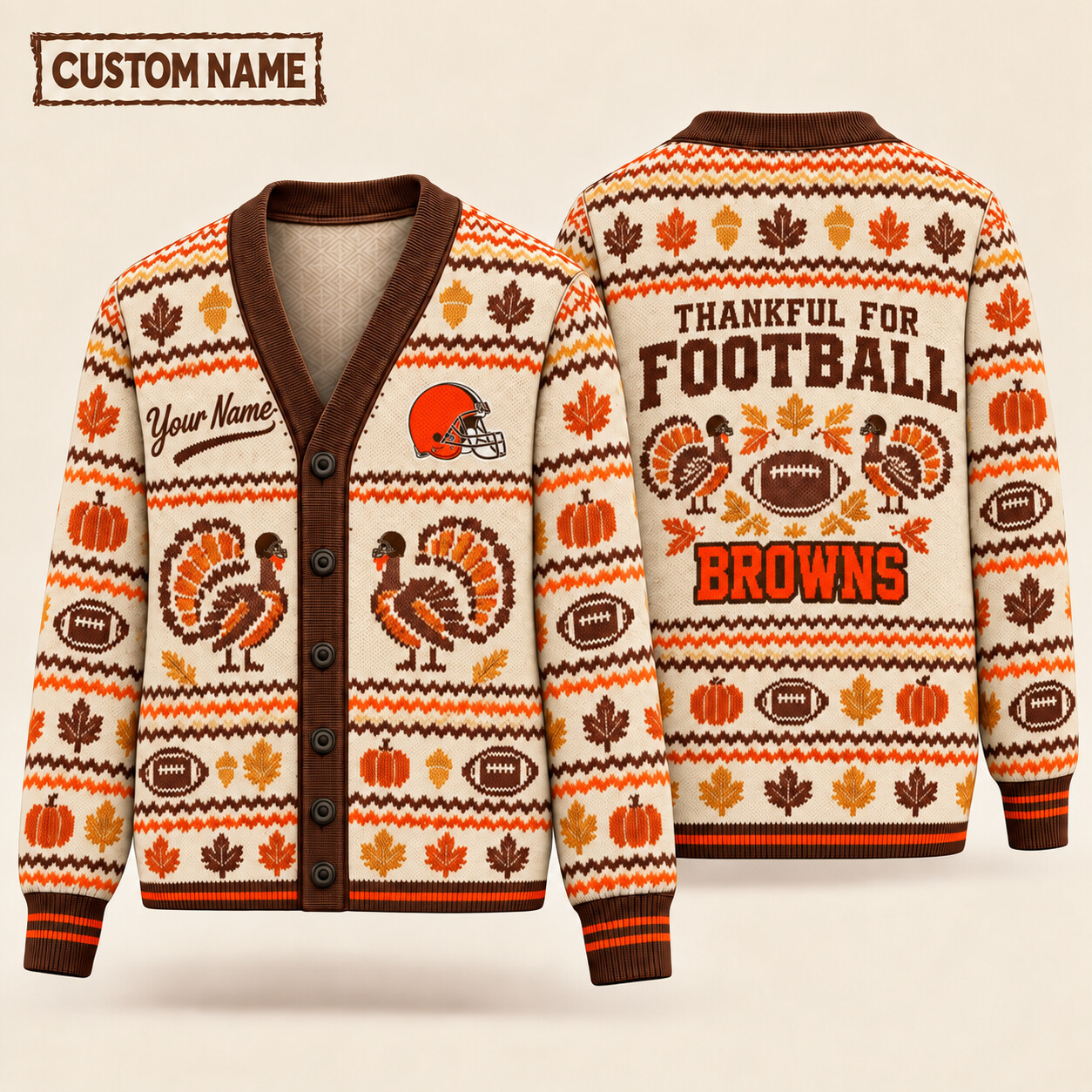 Cleveland Browns Thankful For Football Thanksgiving Knit Cardigan Custom Name PJHPUY