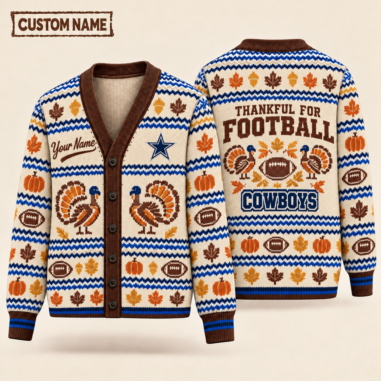Dallas Cowboys Thankful For Football Thanksgiving Knit Cardigan Custom Name P2GLRY