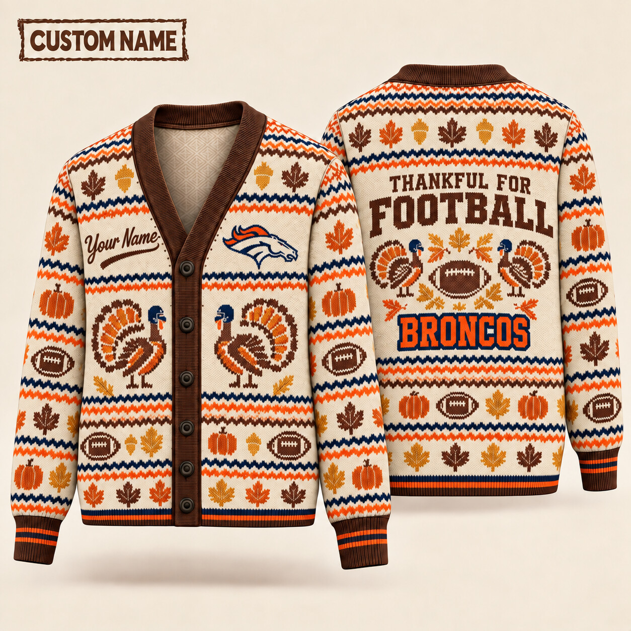 Denver Broncos Thankful For Football Thanksgiving Knit Cardigan Custom Name P69Z42
