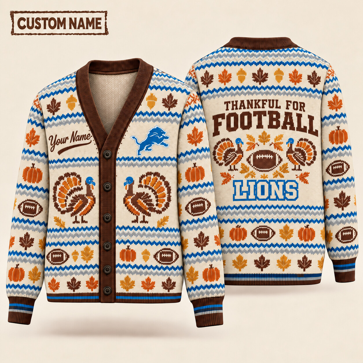 Detroit Lions Thankful For Football Thanksgiving Knit Cardigan Custom Name PREK5Y