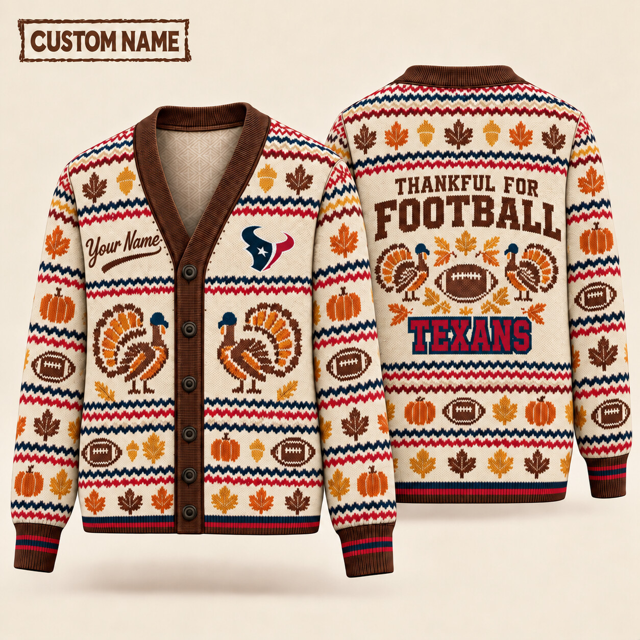 Houston Texans Thankful For Football Thanksgiving Knit Cardigan Custom Name PZAJ9N