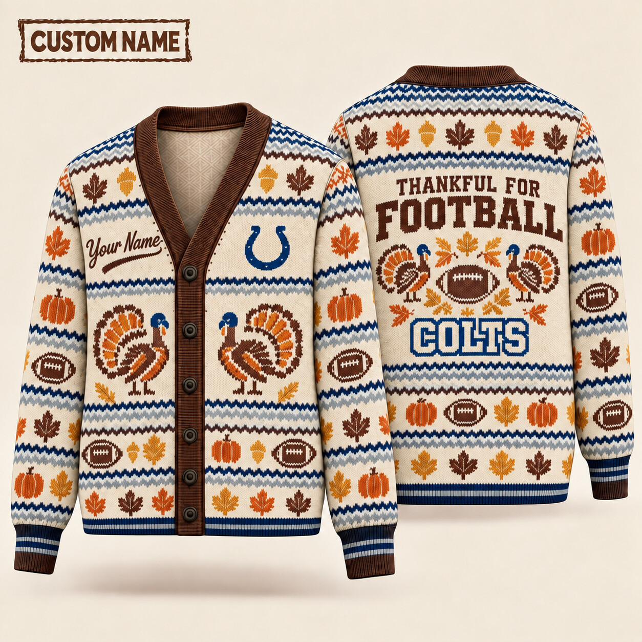 Indianapolis Colts Thankful For Football Thanksgiving Knit Cardigan Custom Name PZ37OF