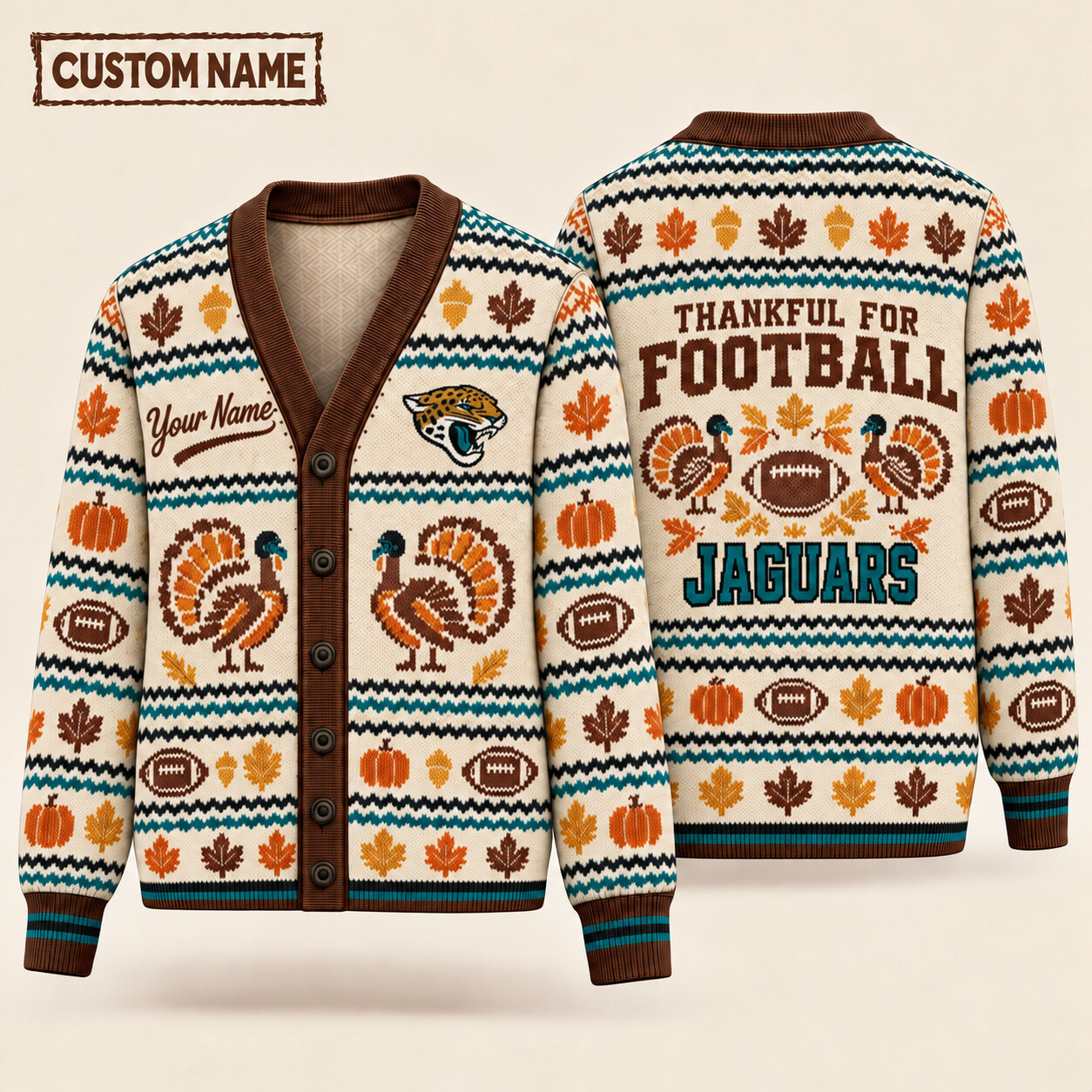 Jacksonville Jaguars Thankful For Football Thanksgiving Knit Cardigan Custom Name PPKF97