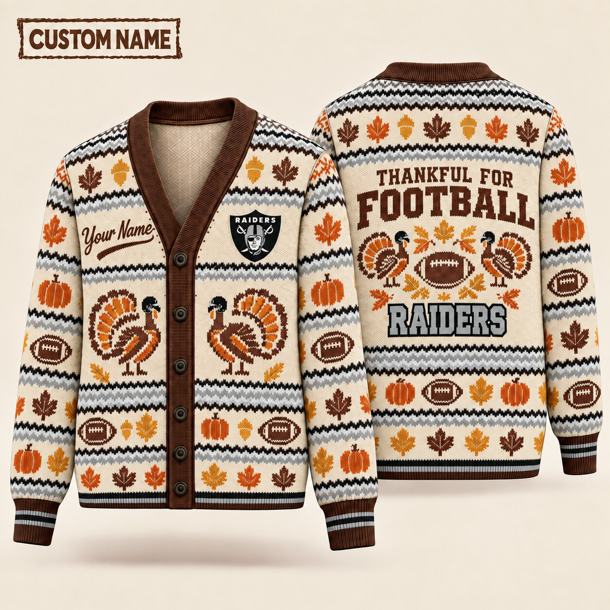 Las Vegas Raiders Thankful For Football Thanksgiving Knit Cardigan Custom Name PLT60D