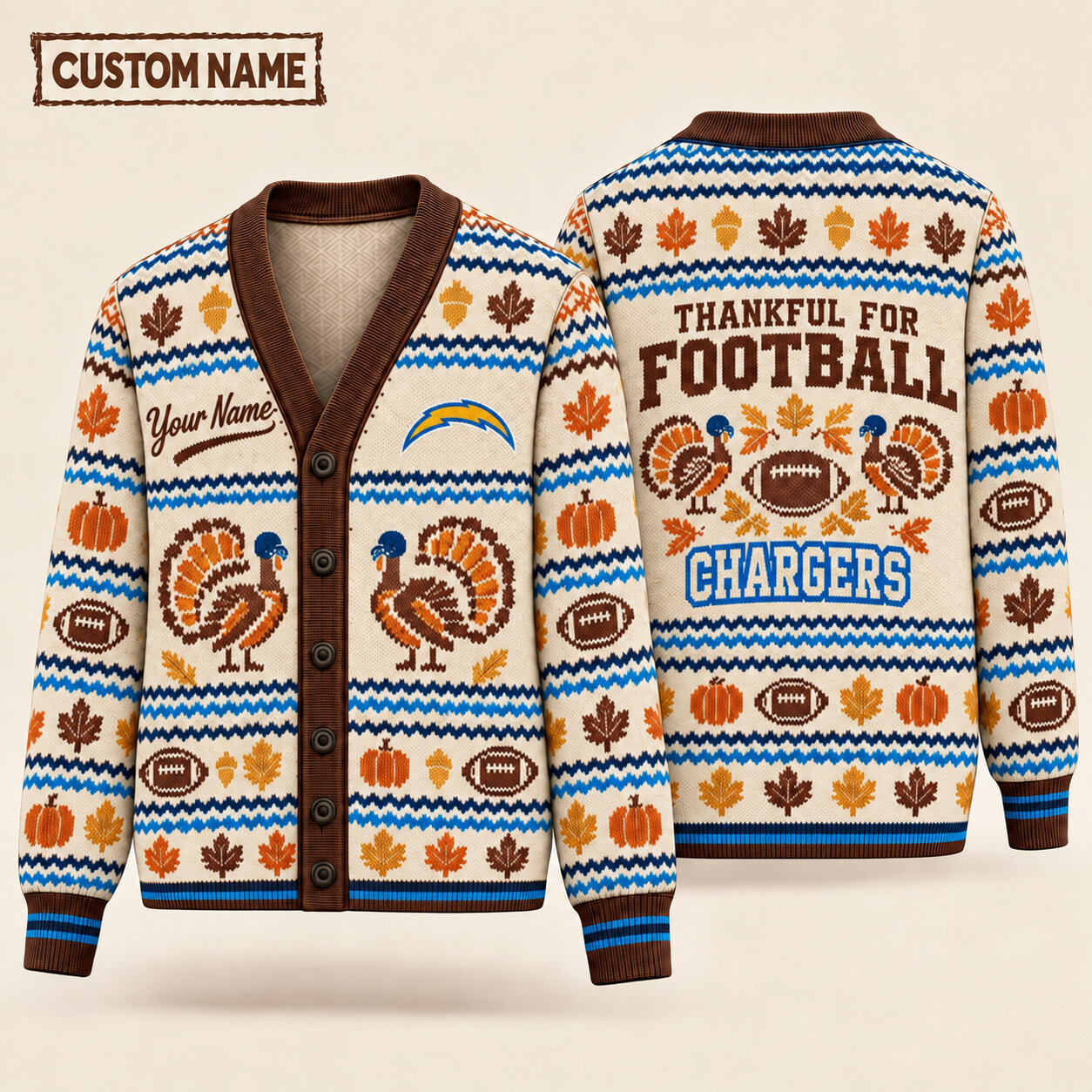 Los Angeles Chargers Thankful For Football Thanksgiving Knit Cardigan Custom Name PRLGN9
