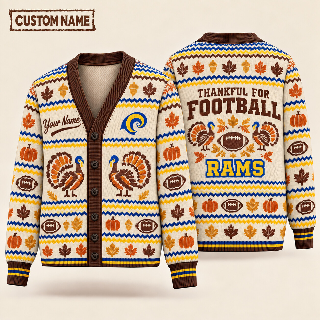 Los Angeles Rams Thankful For Football Thanksgiving Knit Cardigan Custom Name PH5CAH