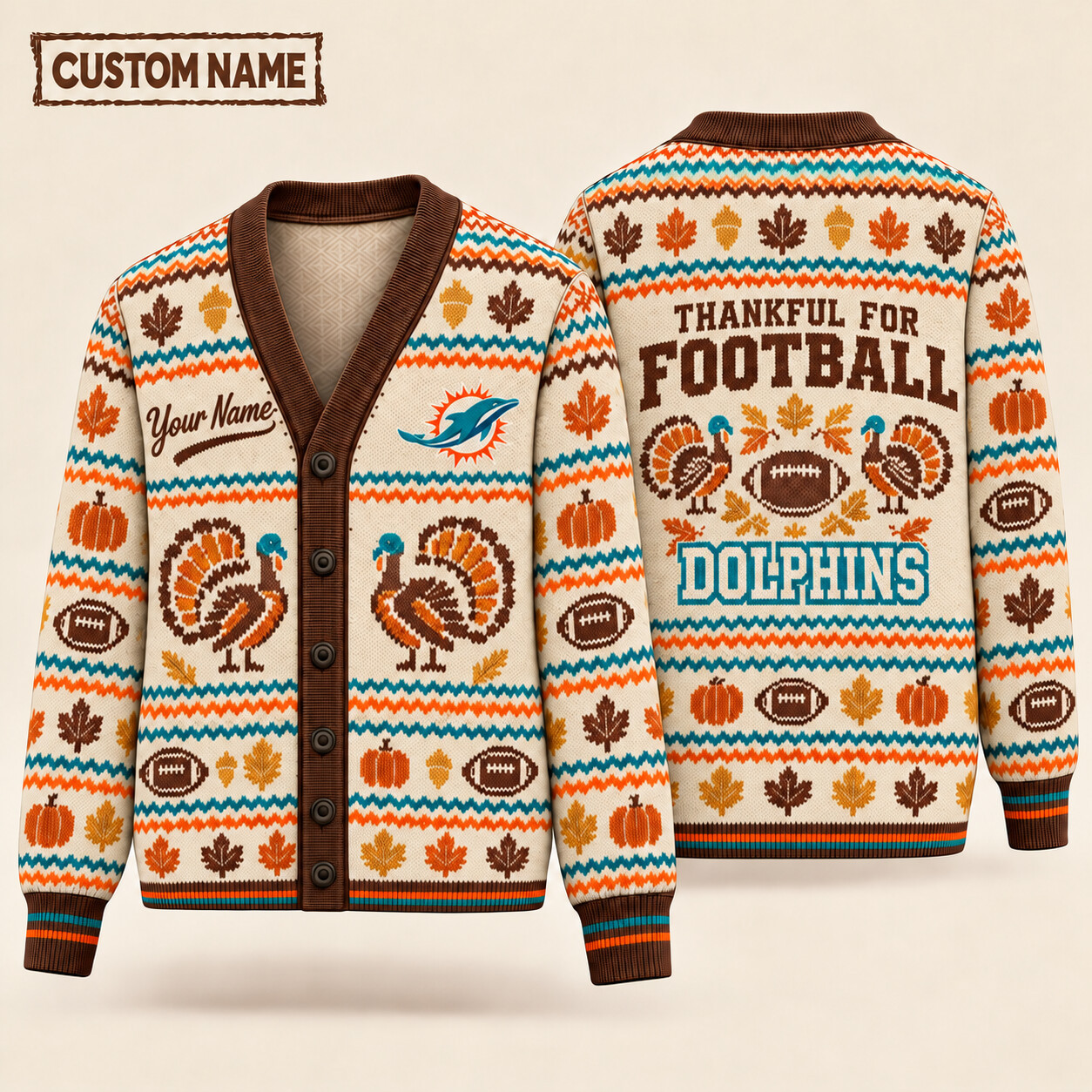 Miami Dolphins Thankful For Football Thanksgiving Knit Cardigan Custom Name PFY2D6