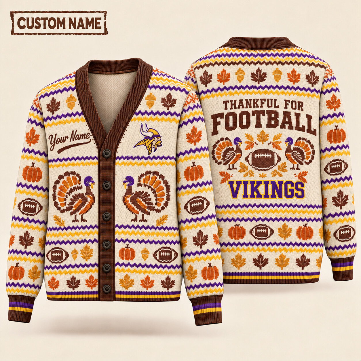 Minnesota Vikings Thankful For Football Thanksgiving Knit Cardigan Custom Name P53LWB