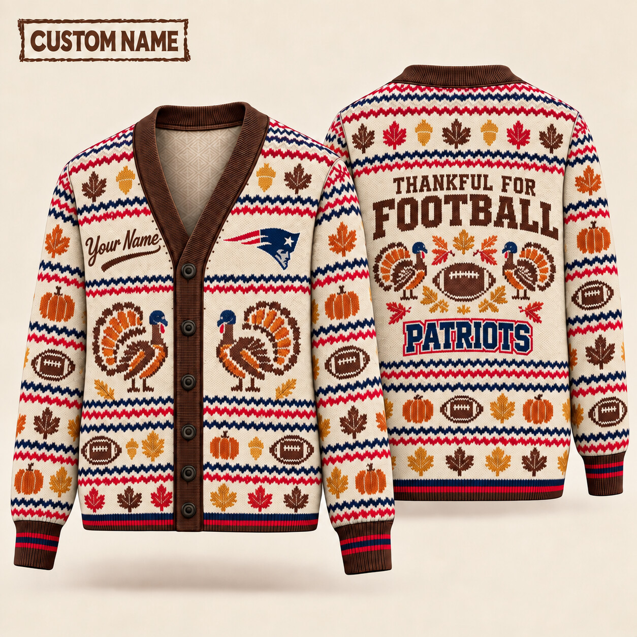 New England Patriots Thankful For Football Thanksgiving Knit Cardigan Custom Name P4FJMG