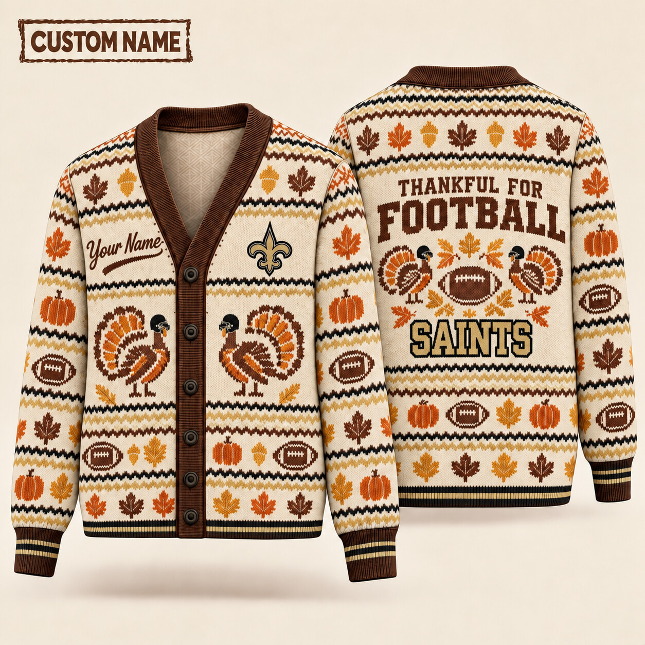 New Orleans Saints Thankful For Football Thanksgiving Knit Cardigan Custom Name P0OULR