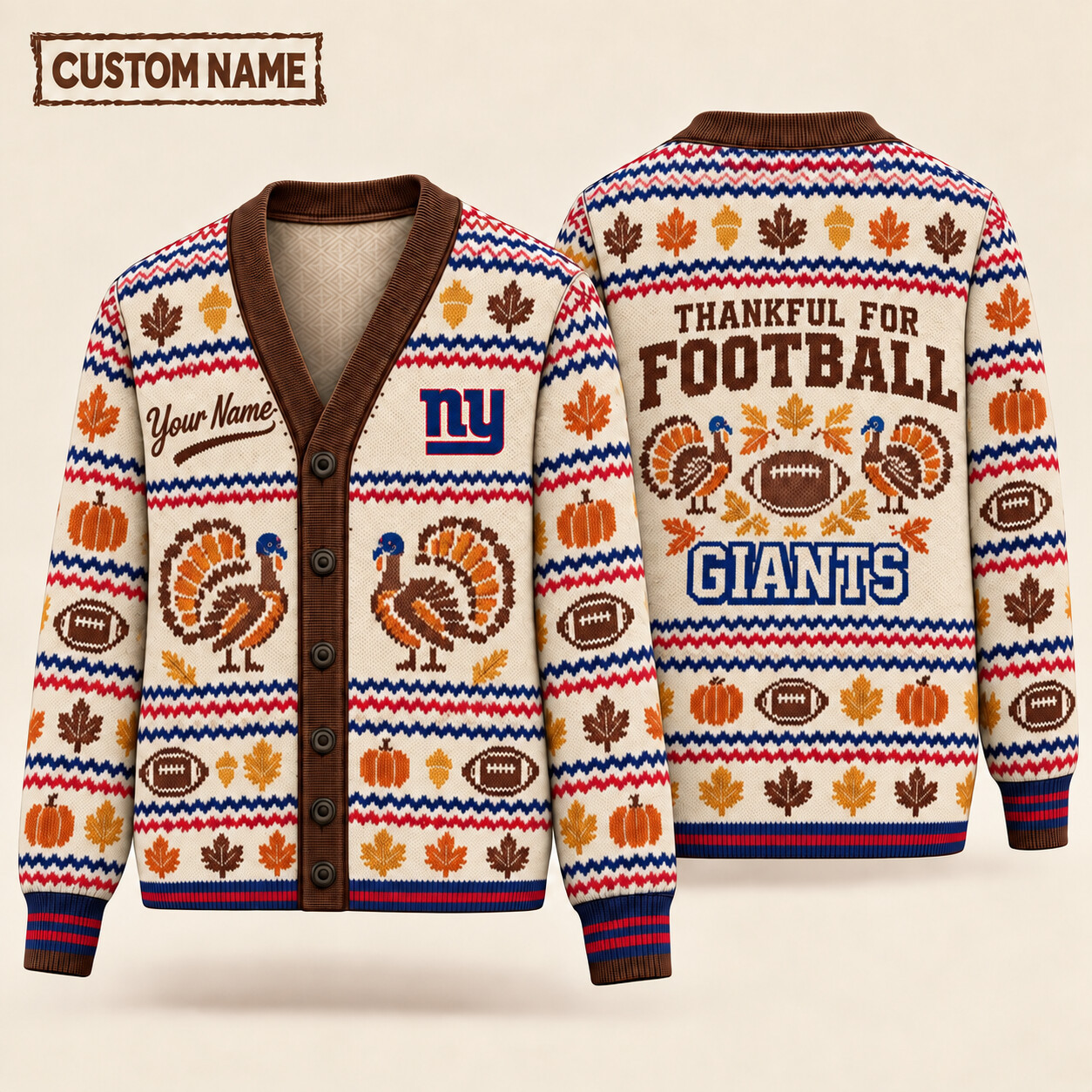 New York Giants Thankful For Football Thanksgiving Knit Cardigan Custom Name P2IE5Y