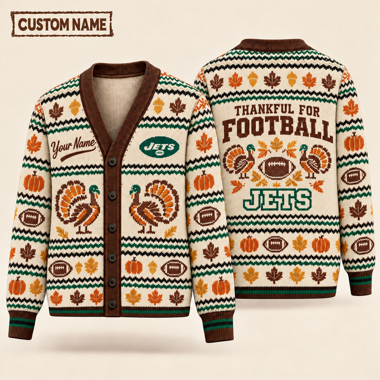 New York Jets Thankful For Football Thanksgiving Knit Cardigan Custom Name PB9B4N