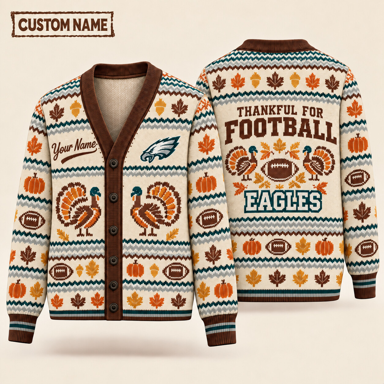 Philadelphia Eagles Thankful For Football Thanksgiving Knit Cardigan Custom Name P61VNS