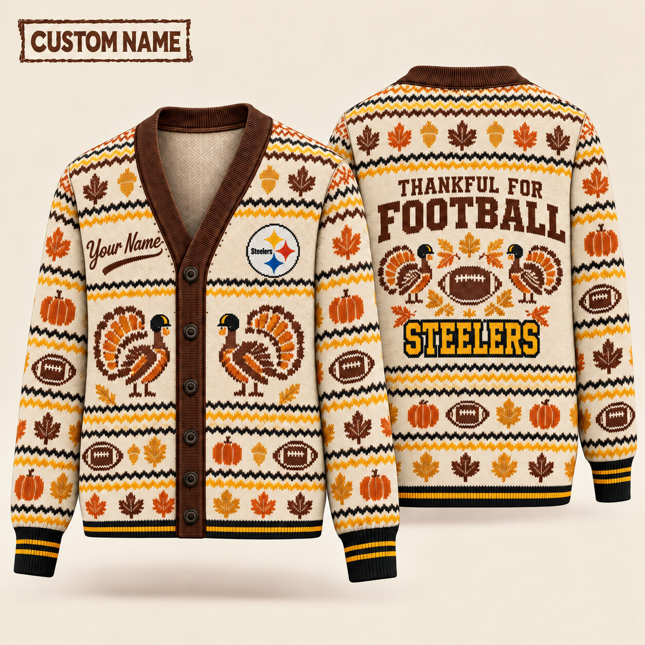 Pittsburgh Steelers Thankful For Football Thanksgiving Knit Cardigan Custom Name PJ198V