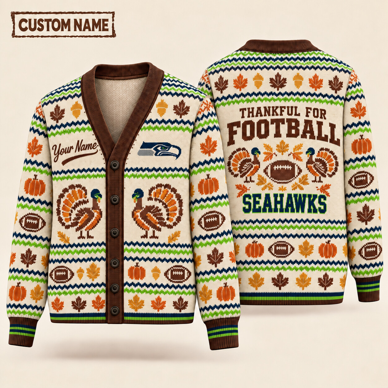 Seattle Seahawks Thankful For Football Thanksgiving Knit Cardigan Custom Name P13FA3